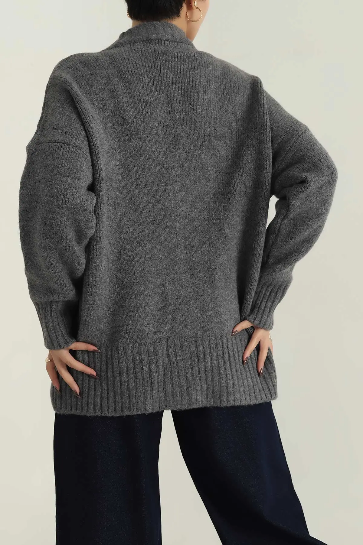 Füme Düğmeli Oversize Kadın Triko Hırka 412284