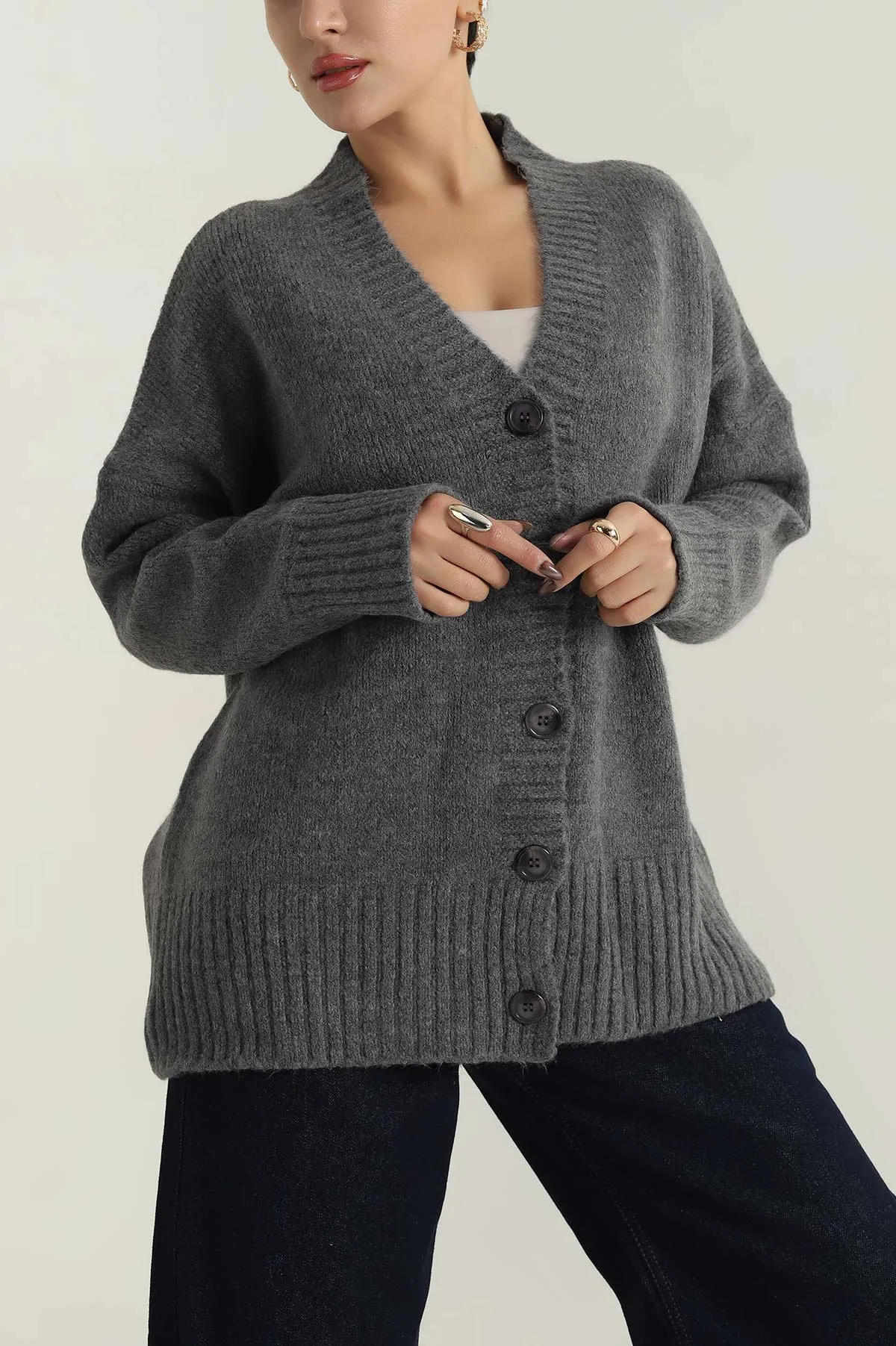 Füme Düğmeli Oversize Kadın Triko Hırka 412284
