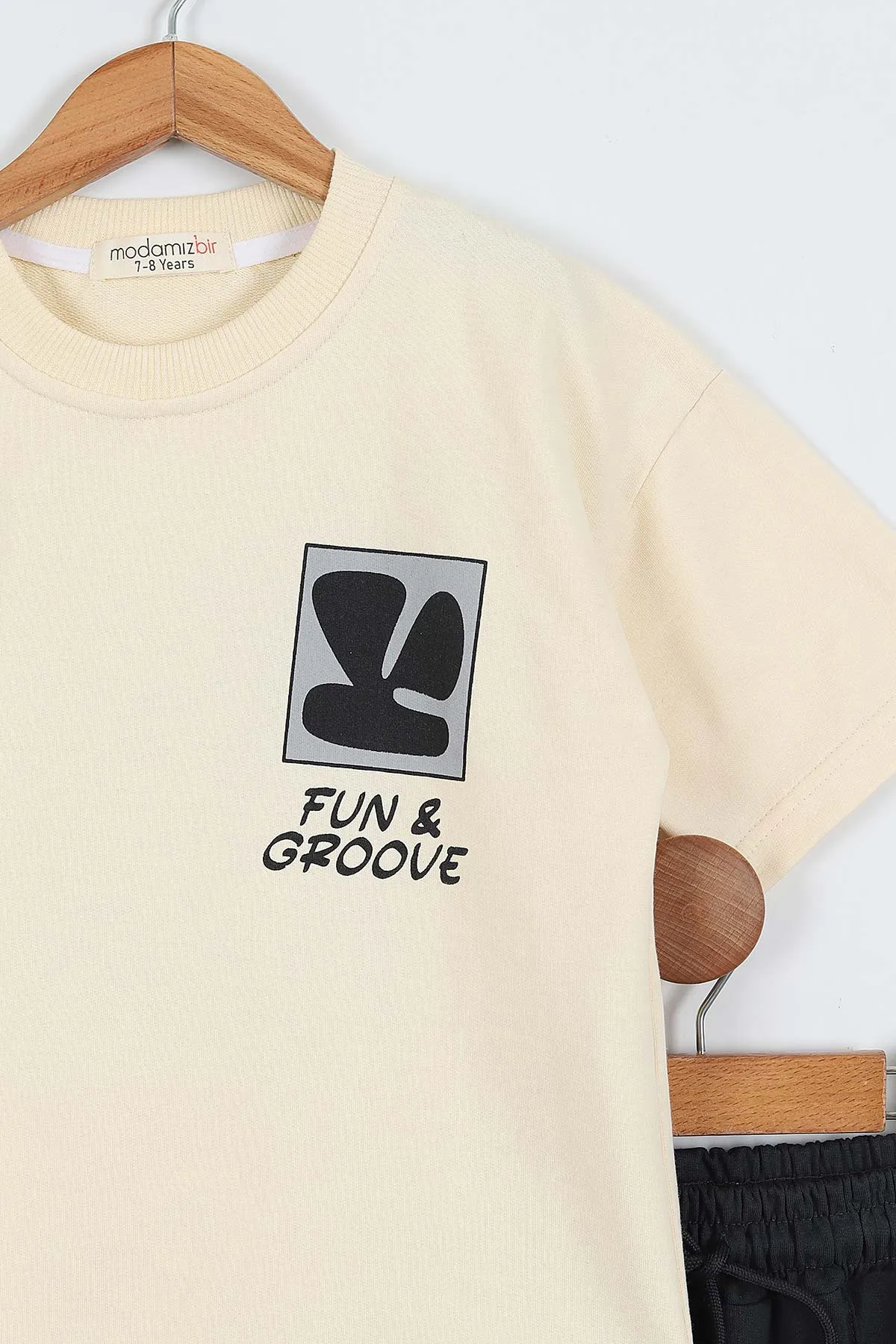 Füme Ekru (7-12 Yaş)Ön Arka Fun Groove Baskılı Cepli Şortlu Erkek Çocuk Yazlık Takım 353406