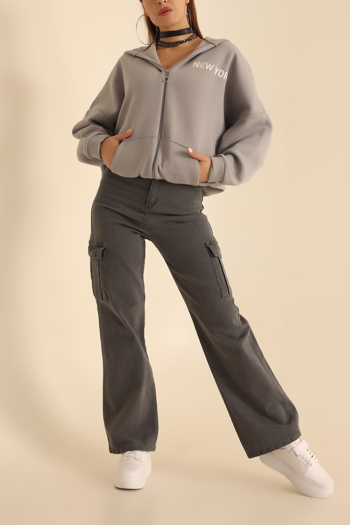 Füme Fermuarlı İçi Şardonlu Bayan Sweat 209696