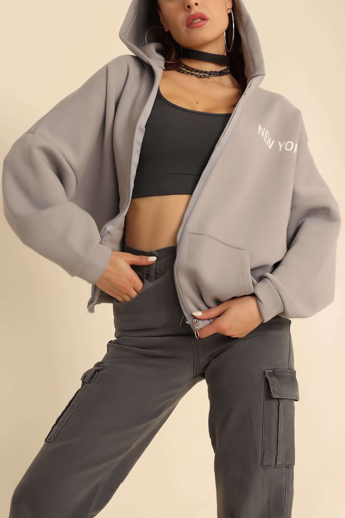 Füme Fermuarlı İçi Şardonlu Bayan Sweat 209696