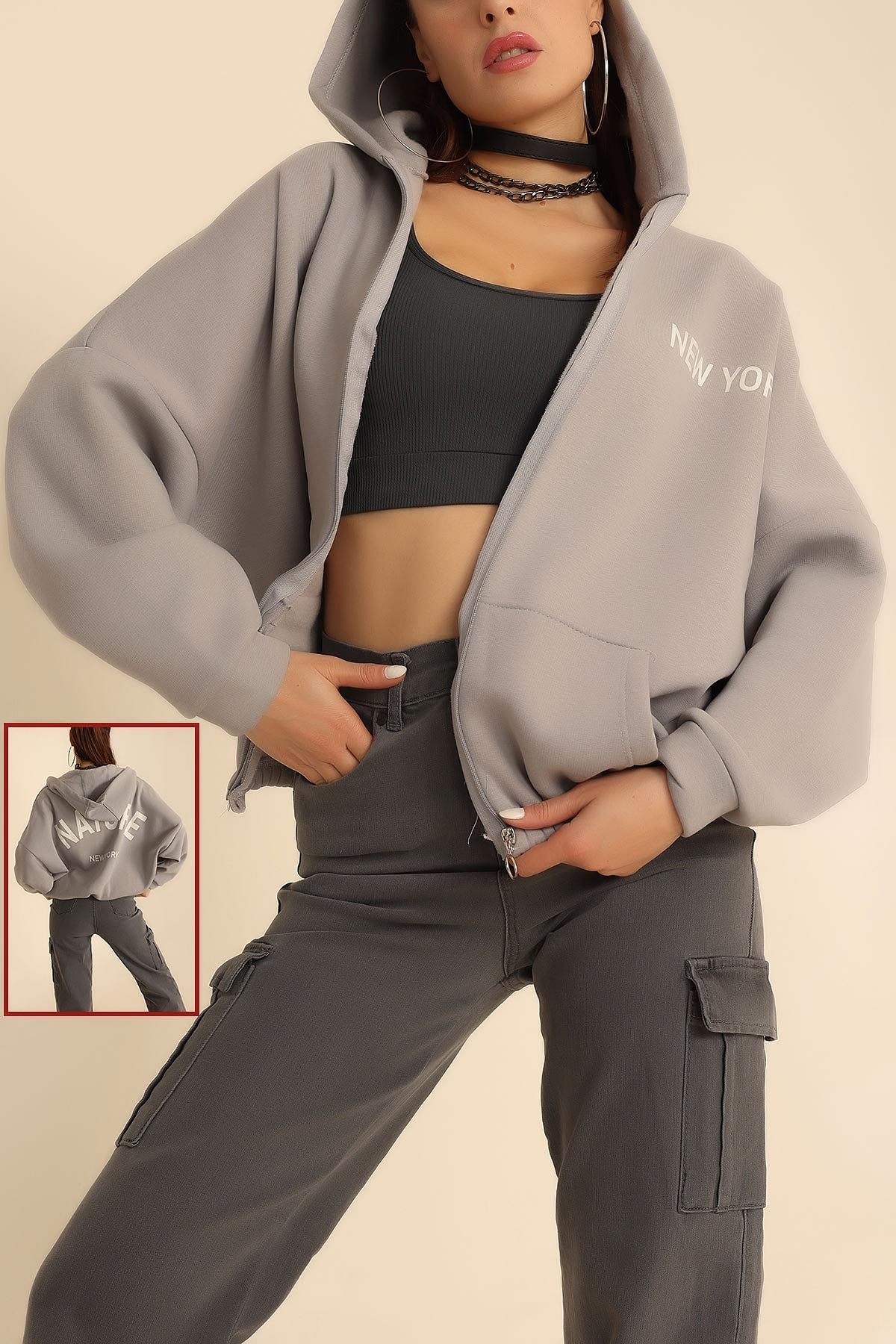 Füme Fermuarlı İçi Şardonlu Bayan Sweat 209696