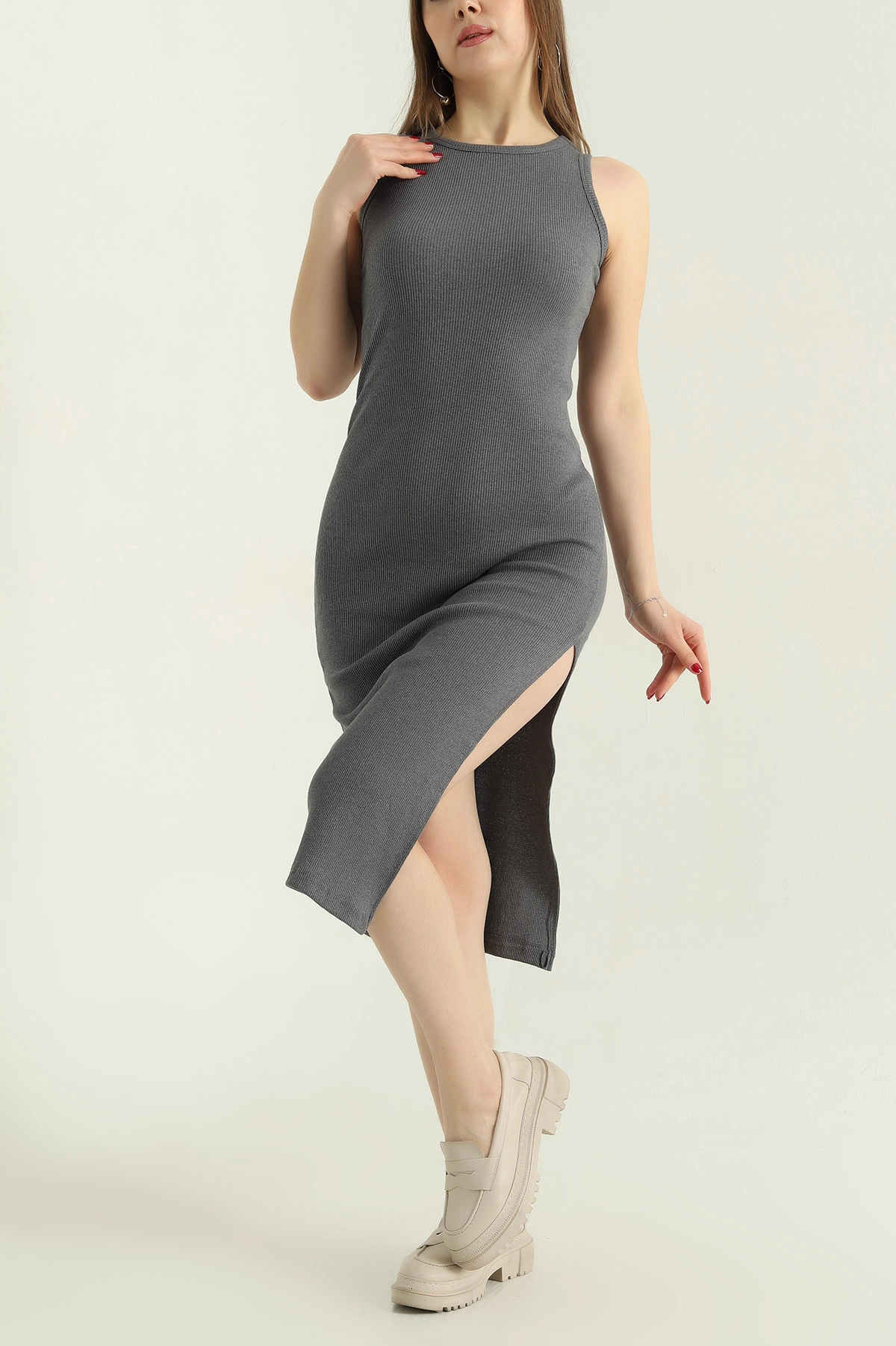 Füme Fitilli Likralı  Yırtmaçlı Kolsuz Elbise 336797
