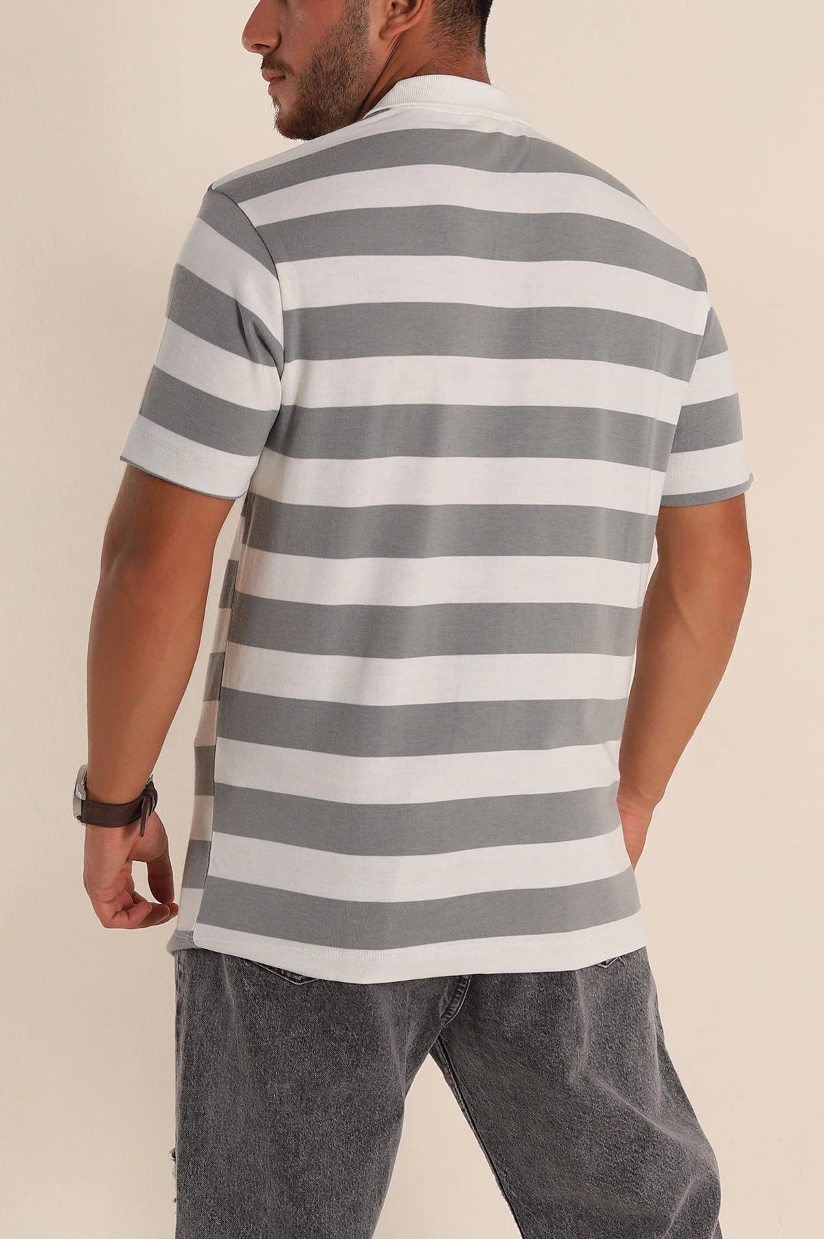 Füme Geniş Çizgili Relaxed Fit Polo Yaka Erkek Triko Tişört 268150