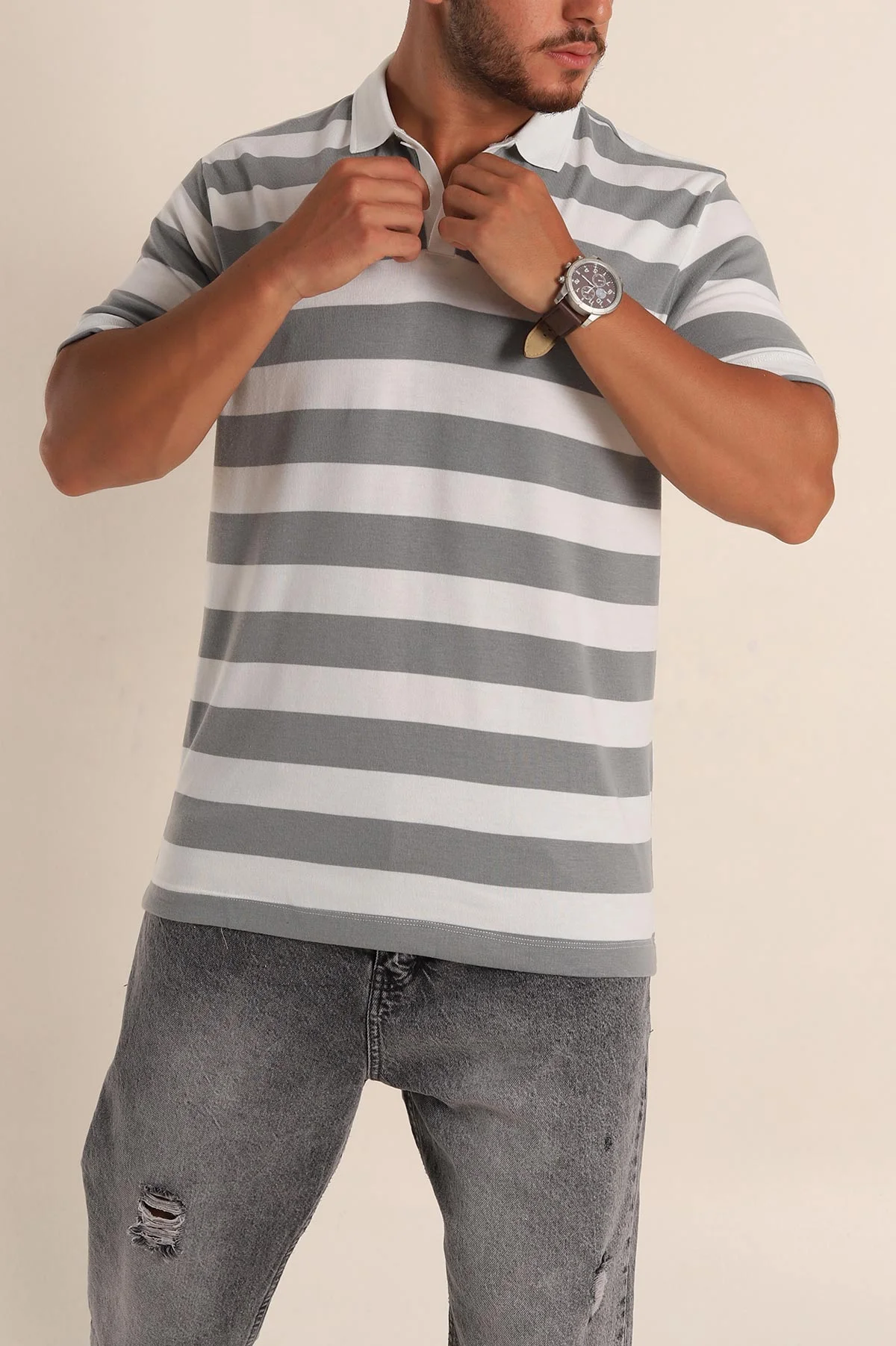 Füme Geniş Çizgili Relaxed Fit Polo Yaka Erkek Triko Tişört 268150