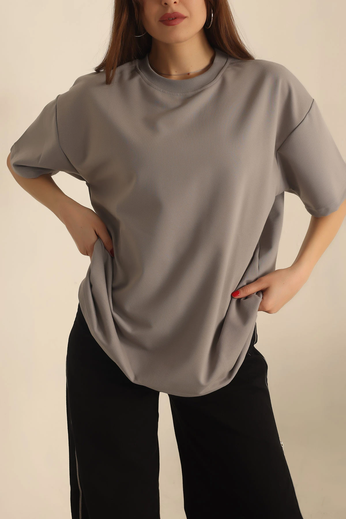 Füme İki İp Oversize Bayan Tişört 234381