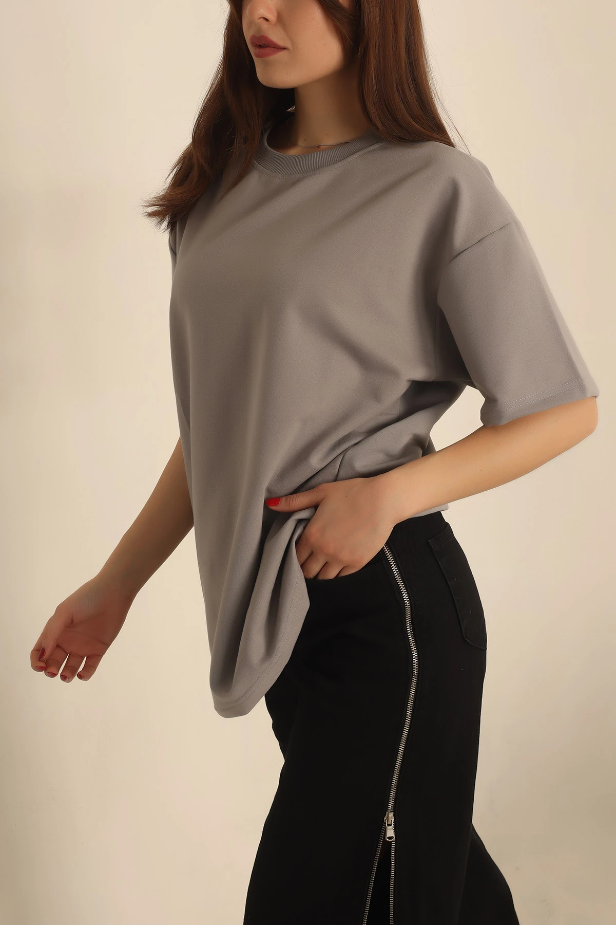 Füme İki İp Oversize Bayan Tişört 234381
