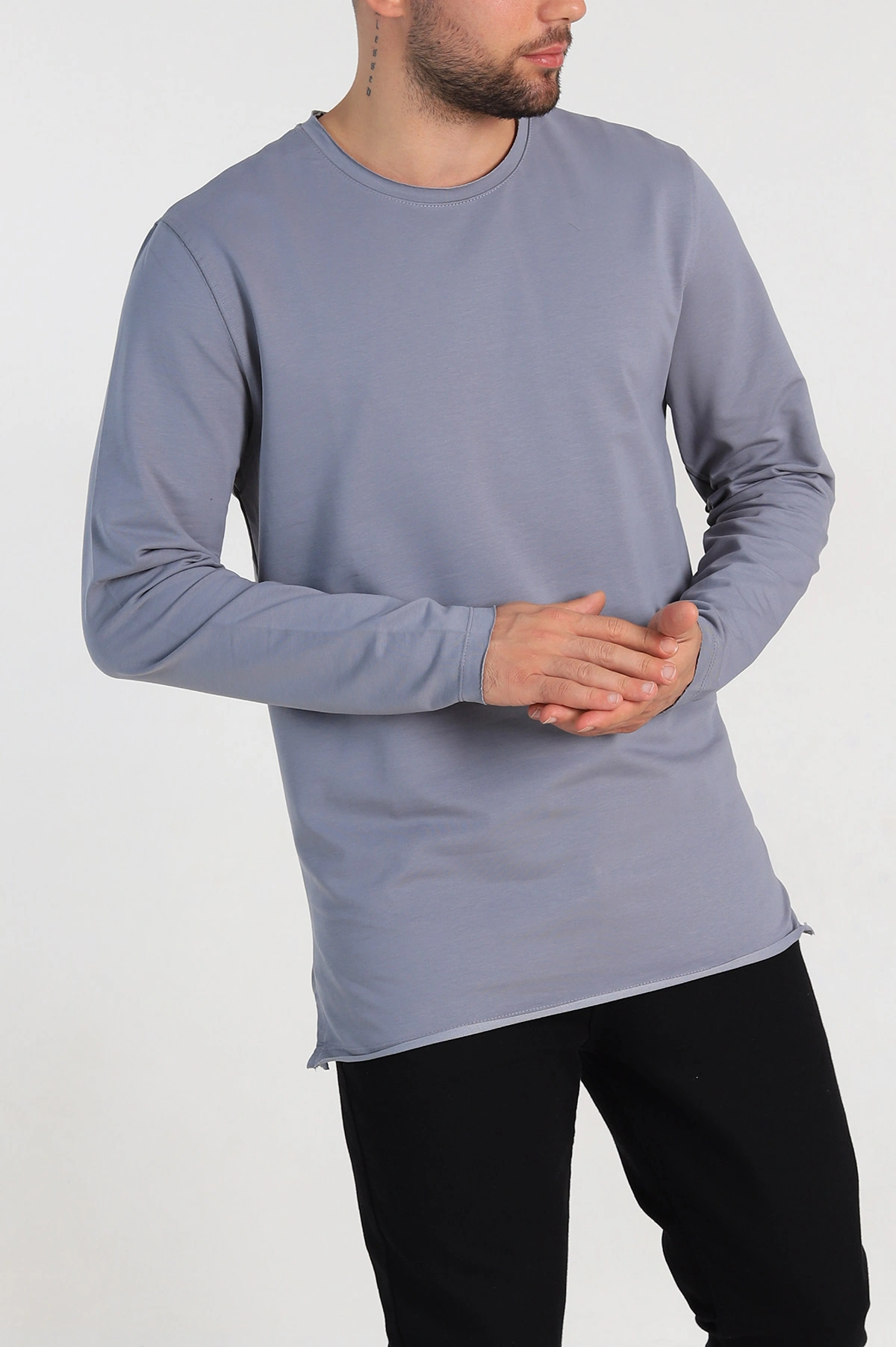 Füme İki İp Yırtık Yaka Detaylı Basic Erkek Sweatshirt 299822