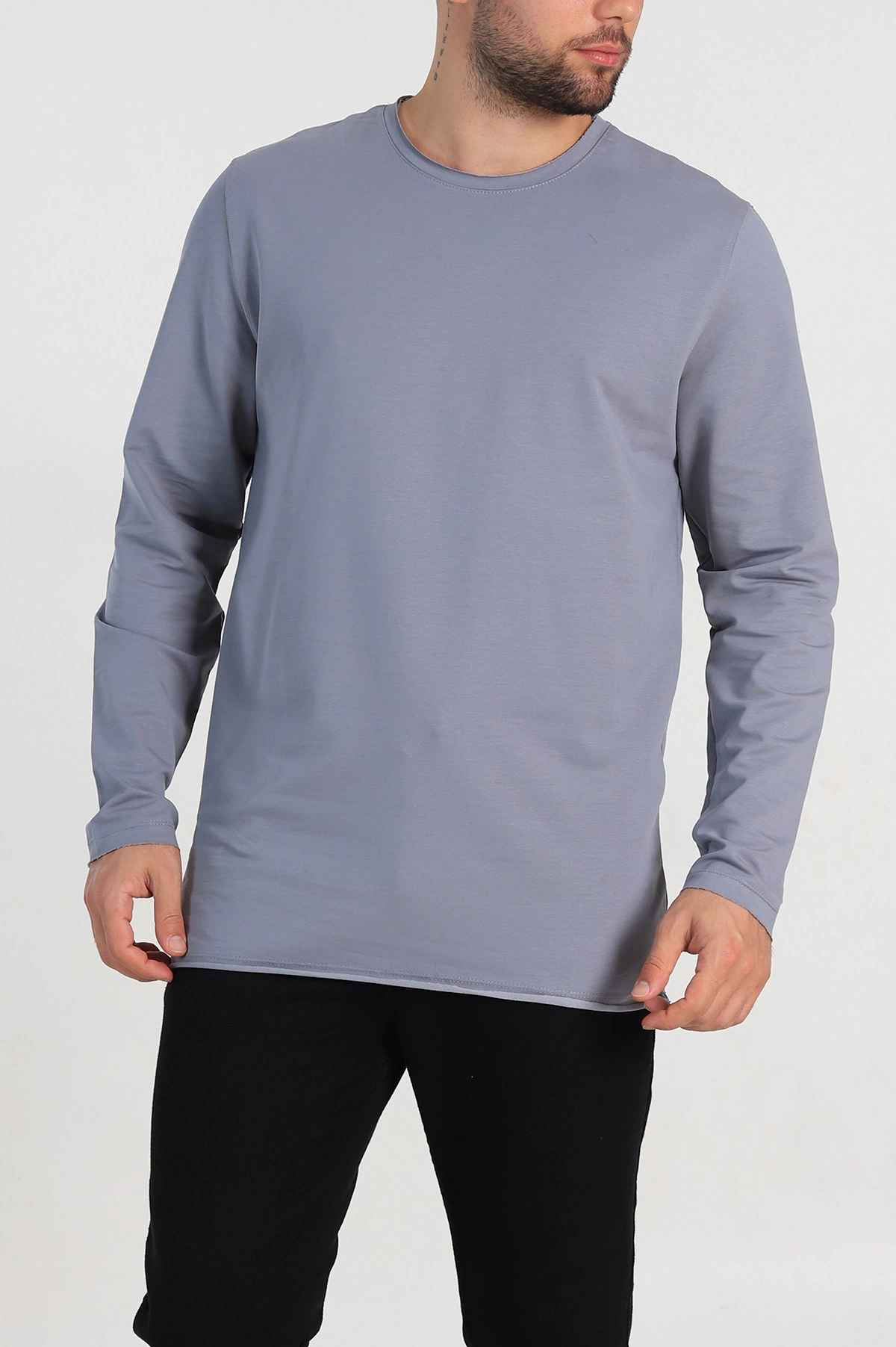 Füme İki İp Yırtık Yaka Detaylı Basic Erkek Sweatshirt 299822