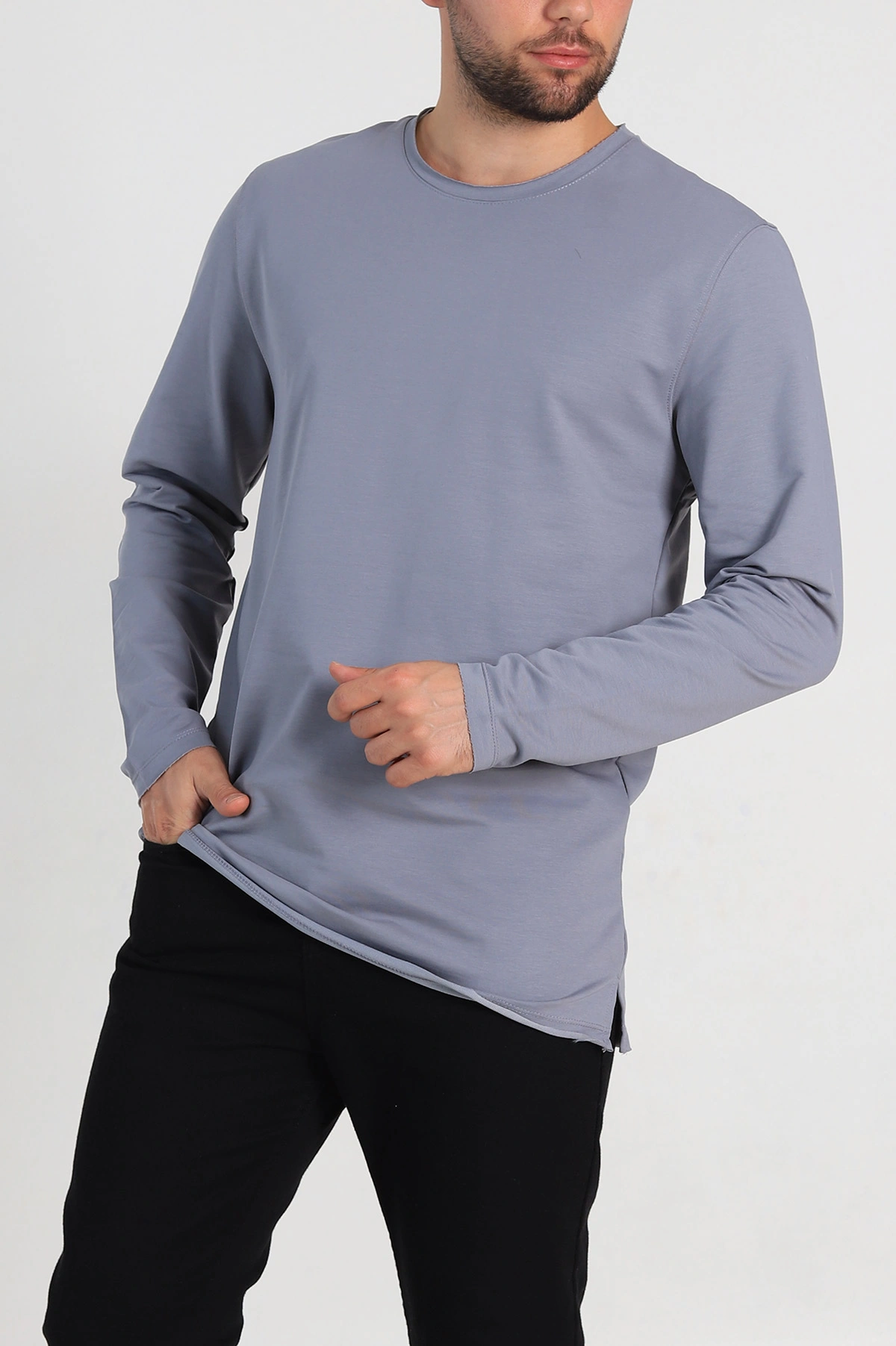 Füme İki İp Yırtık Yaka Detaylı Basic Erkek Sweatshirt 299822