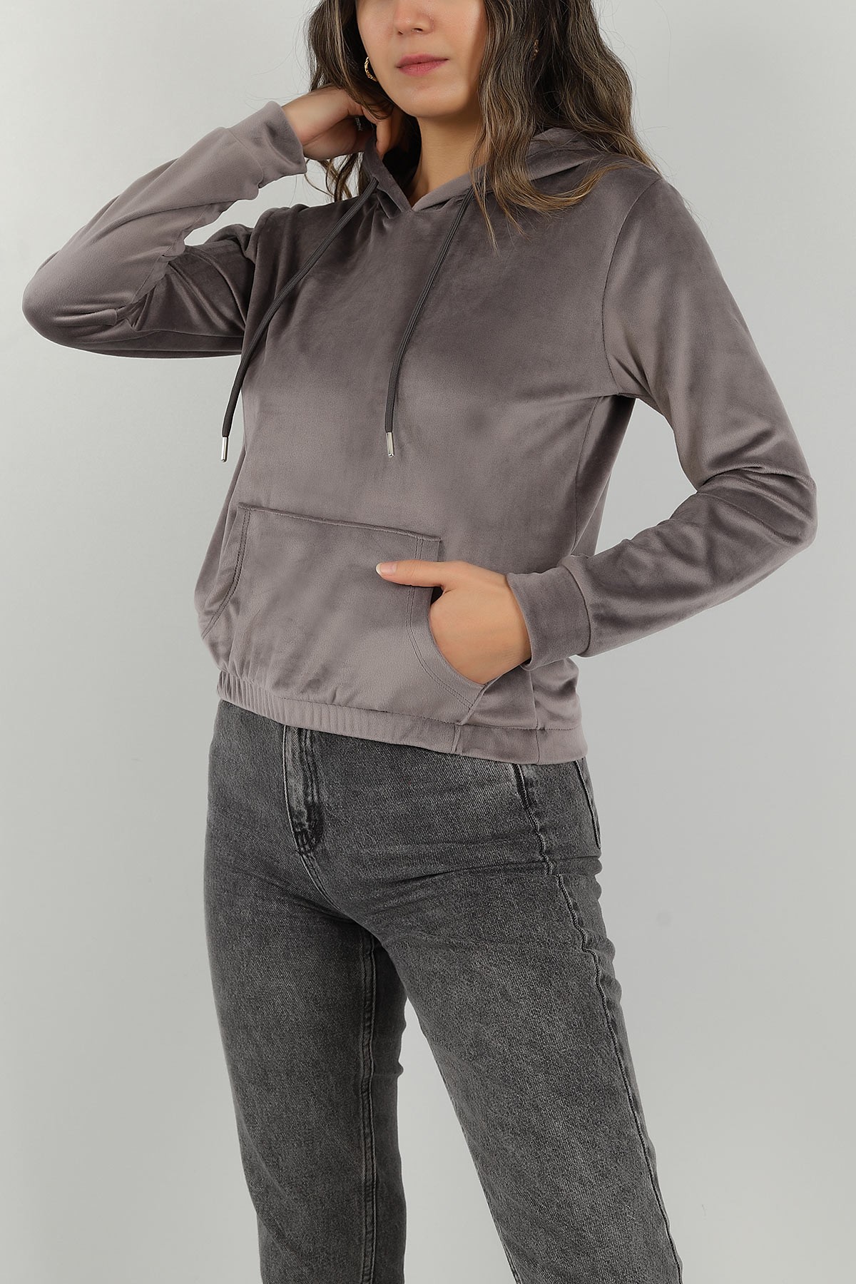 Füme Kadife Kapüşonlu Bayan Sweat 147317