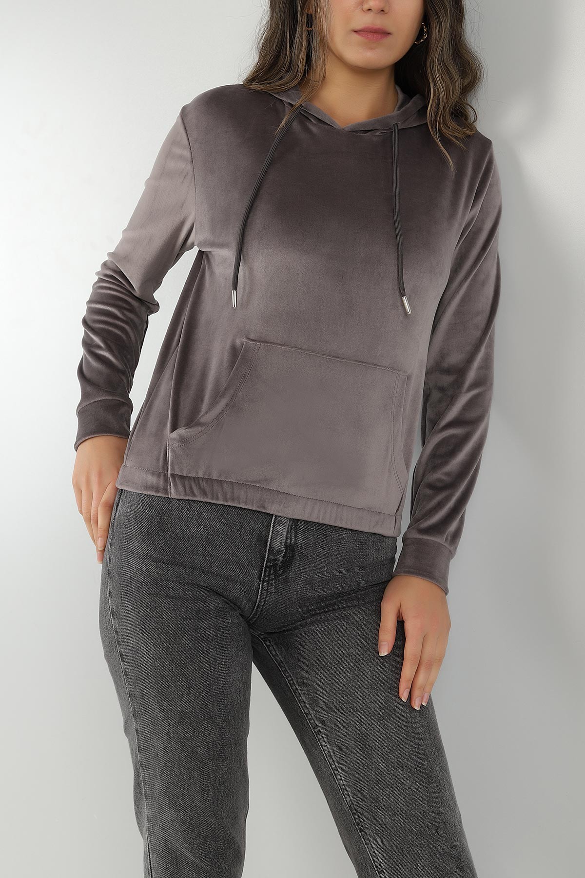 Füme Kadife Kapüşonlu Bayan Sweat 147317