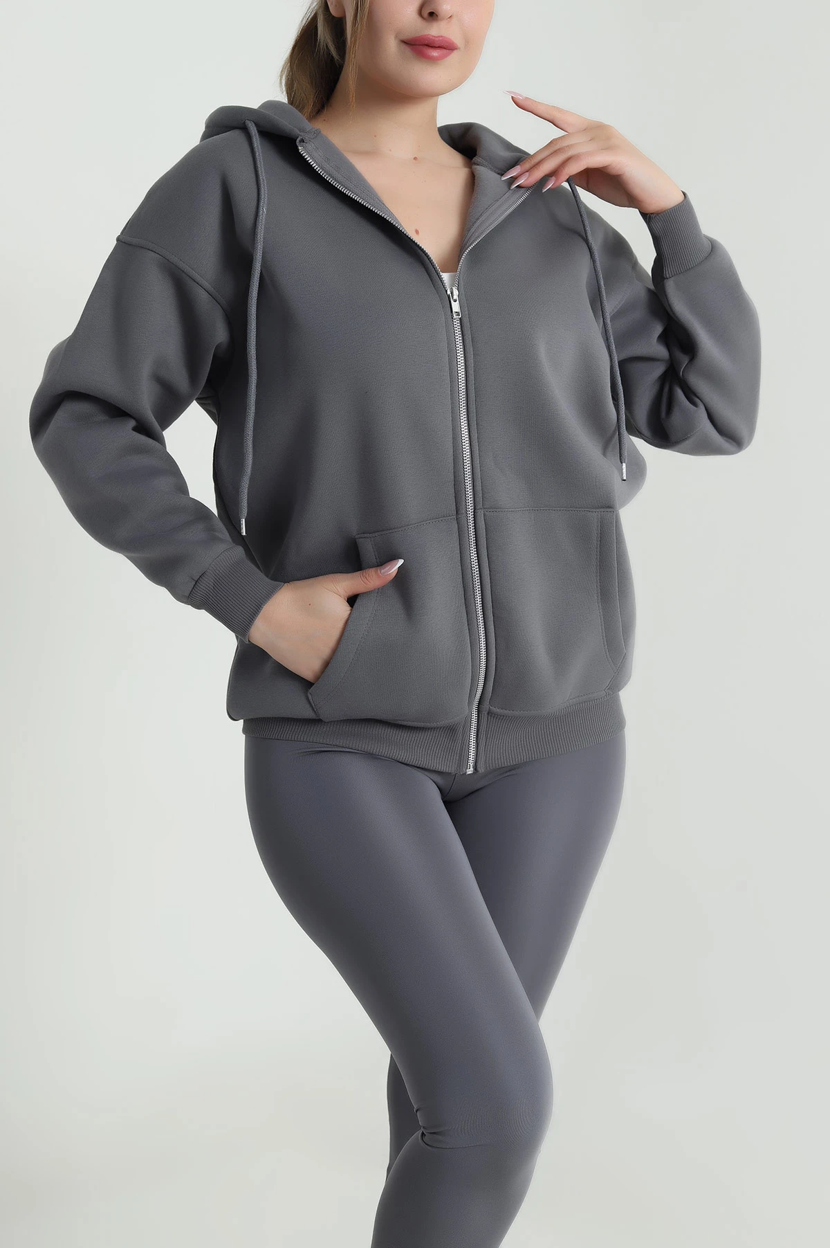 Füme Kapşonlu Fermuarlı Şardonlu Üç İp Kadın Sweat 485031