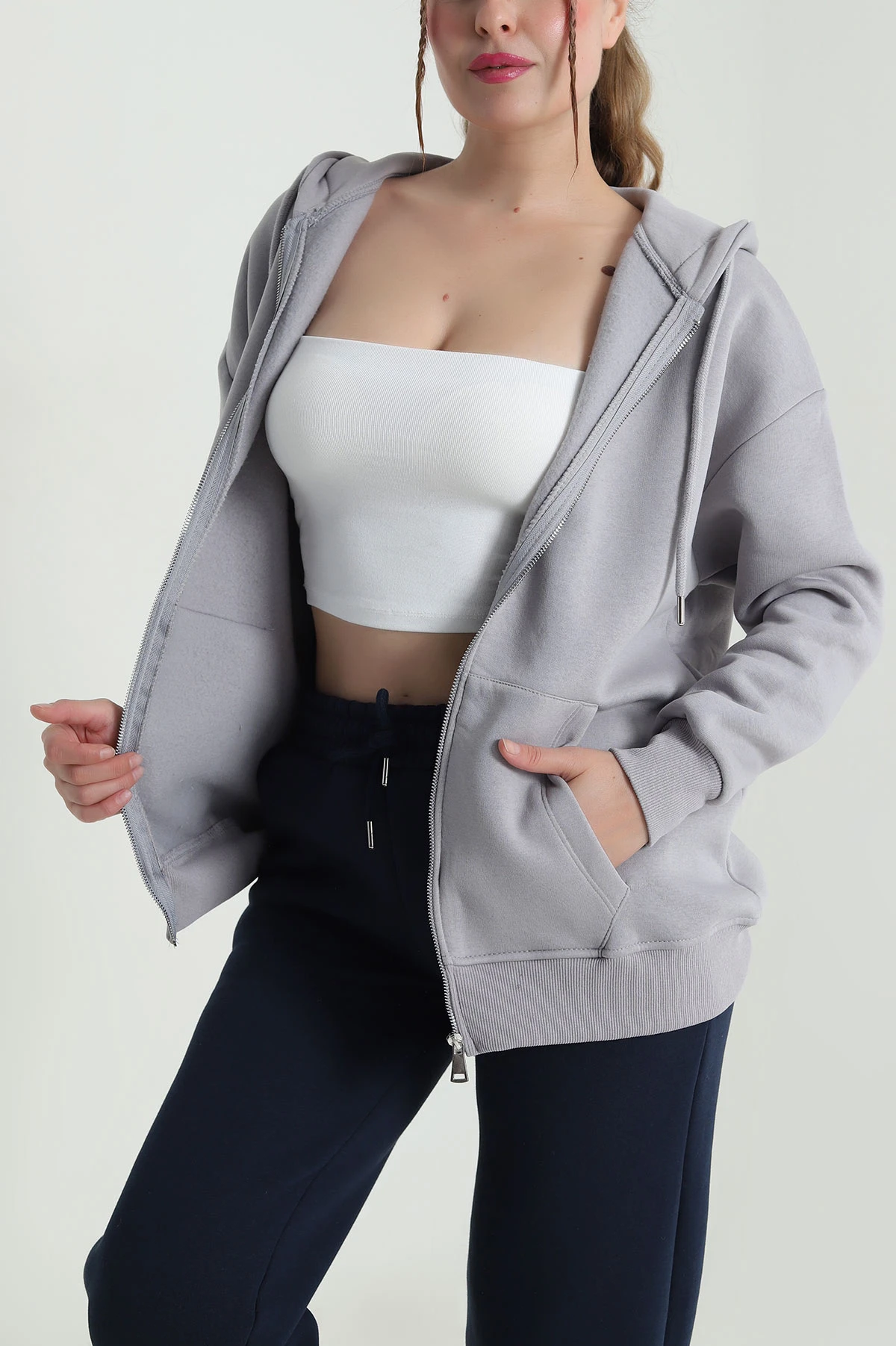 Füme Kapşonlu Şardonlu Üç İp Kadın Sweat 482268