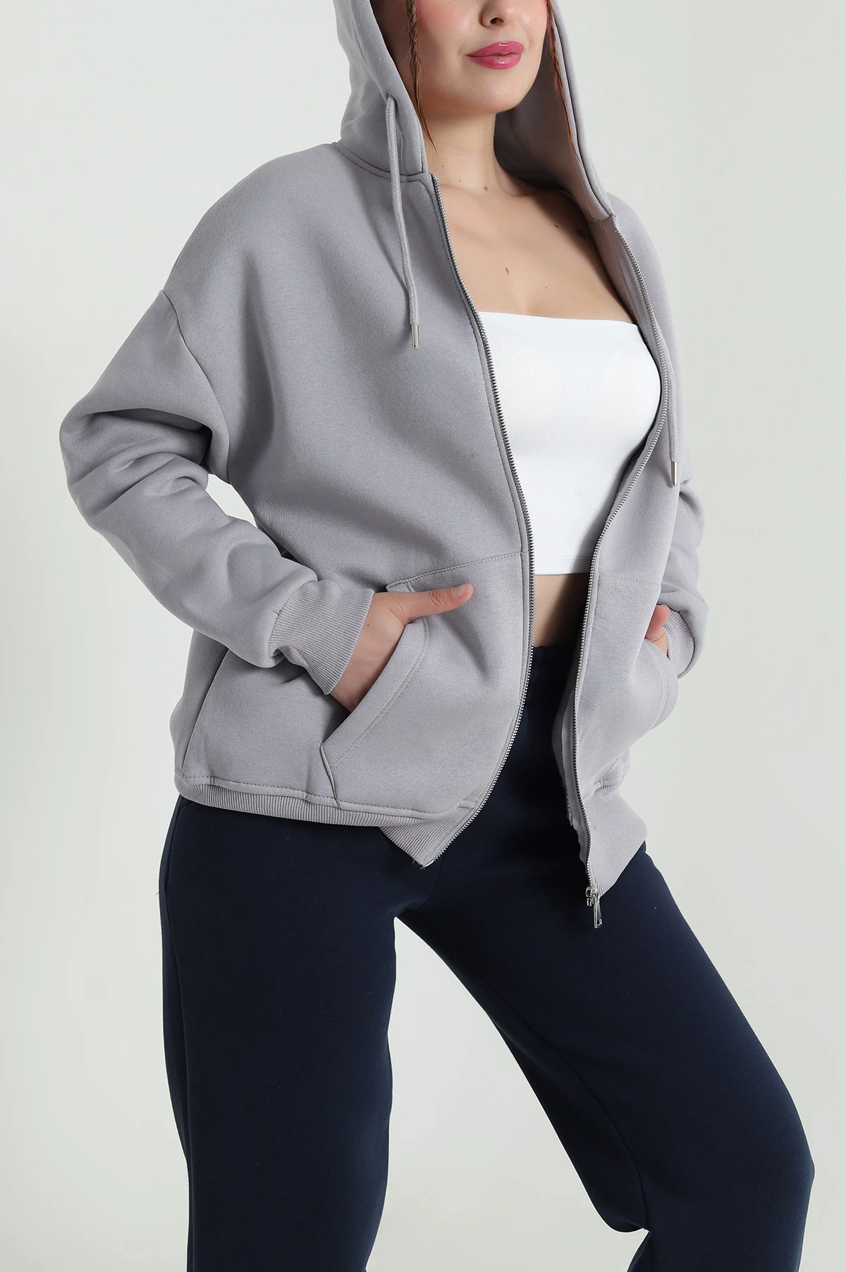 Füme Kapşonlu Şardonlu Üç İp Kadın Sweat 482268