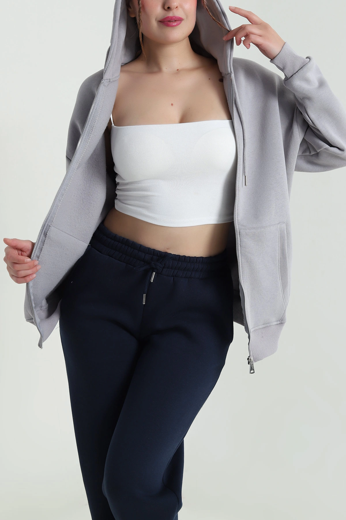 Füme Kapşonlu Şardonlu Üç İp Kadın Sweat 482268