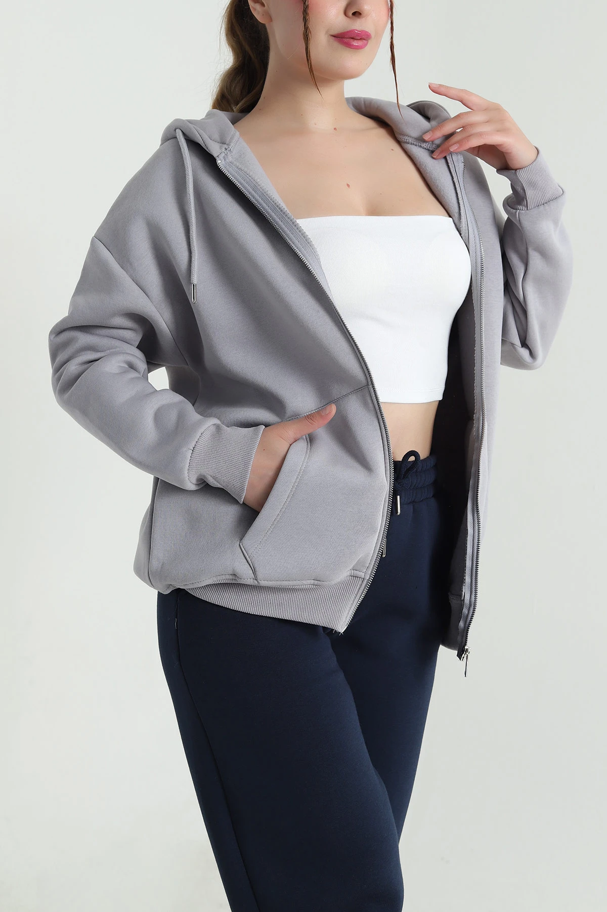 Füme Kapşonlu Şardonlu Üç İp Kadın Sweat 482268