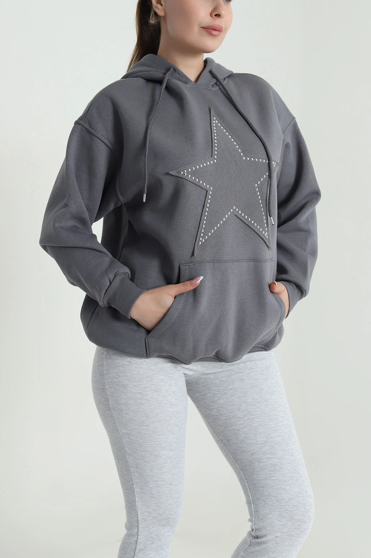 Füme Kapşonlu Şardonlu Üç İp Kadın Sweat 484986