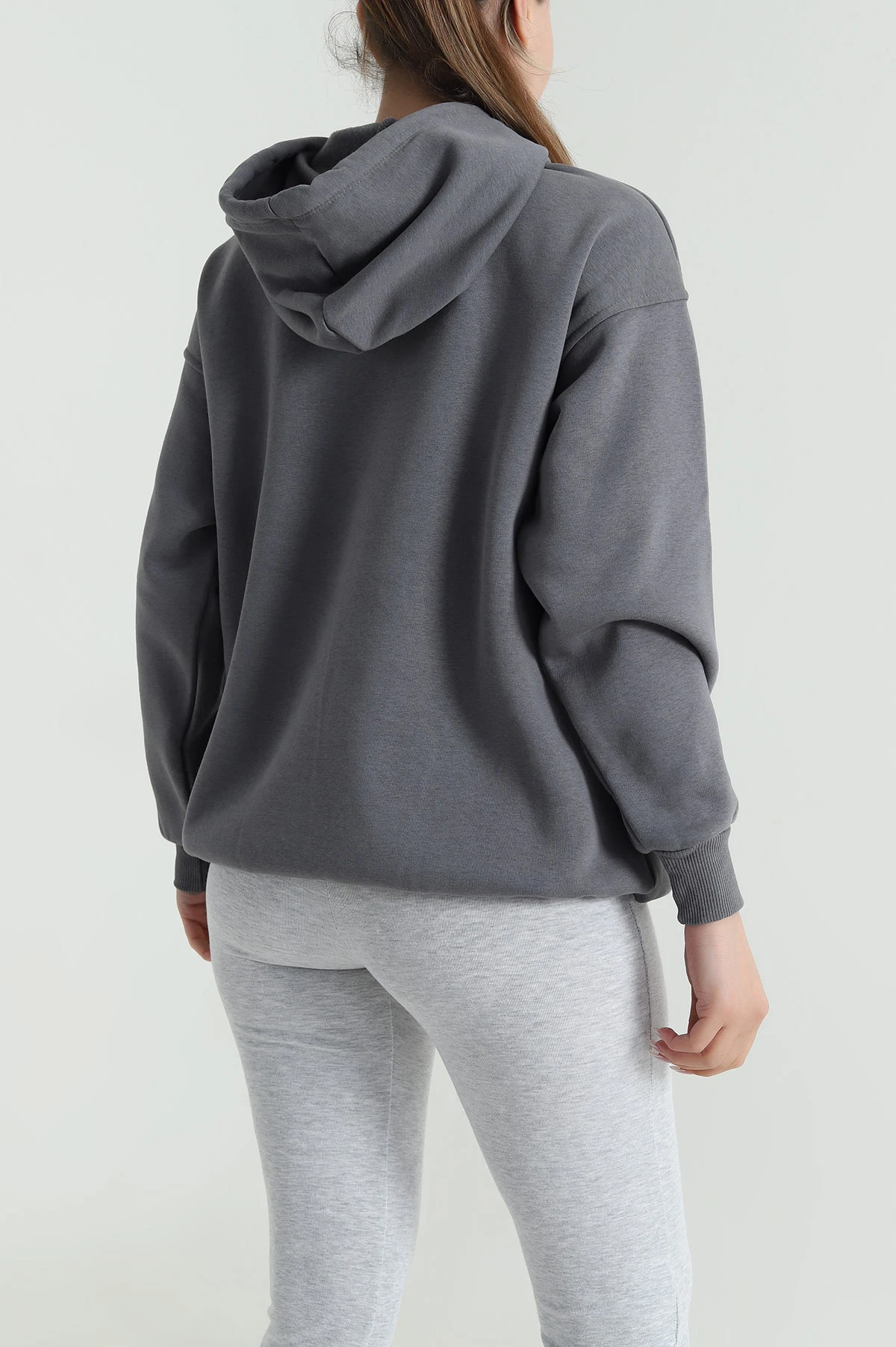 Füme Kapşonlu Şardonlu Üç İp Kadın Sweat 484986