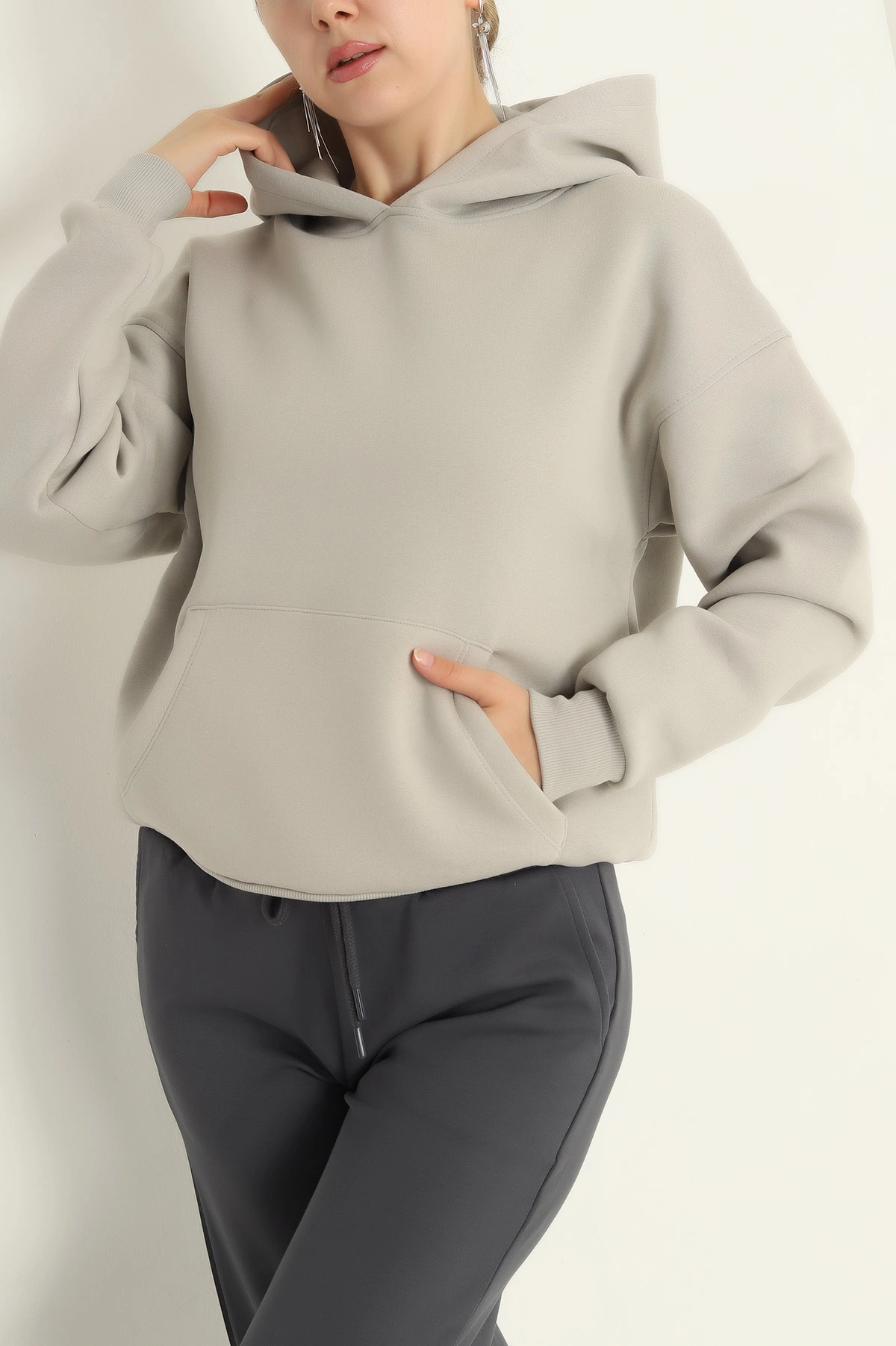 Füme Kapüşonlu İçi Şardonlu Basic Sweat 292843