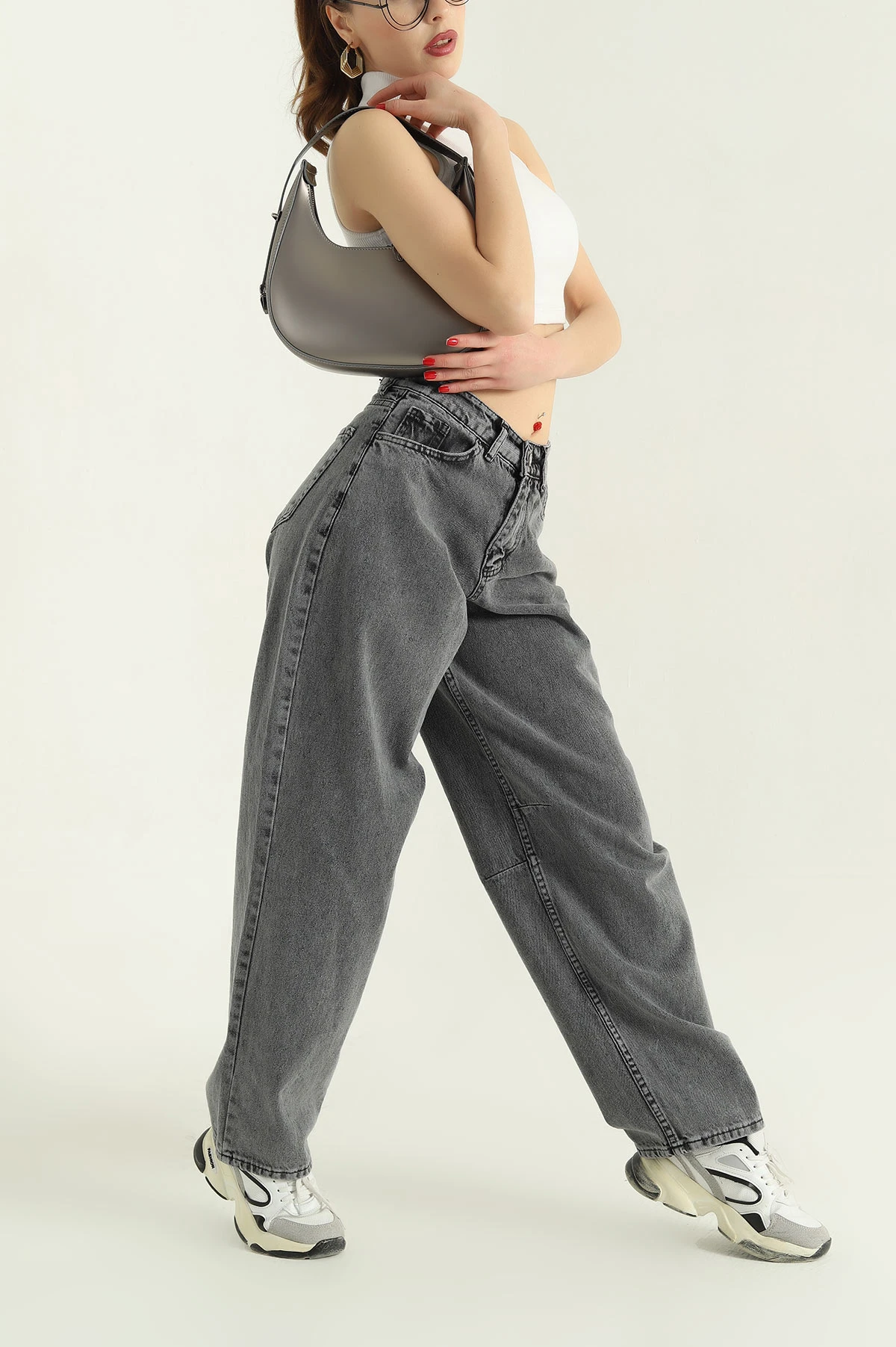 Füme Kemer Detay Baggy Bayan Kot Pantolon 335691