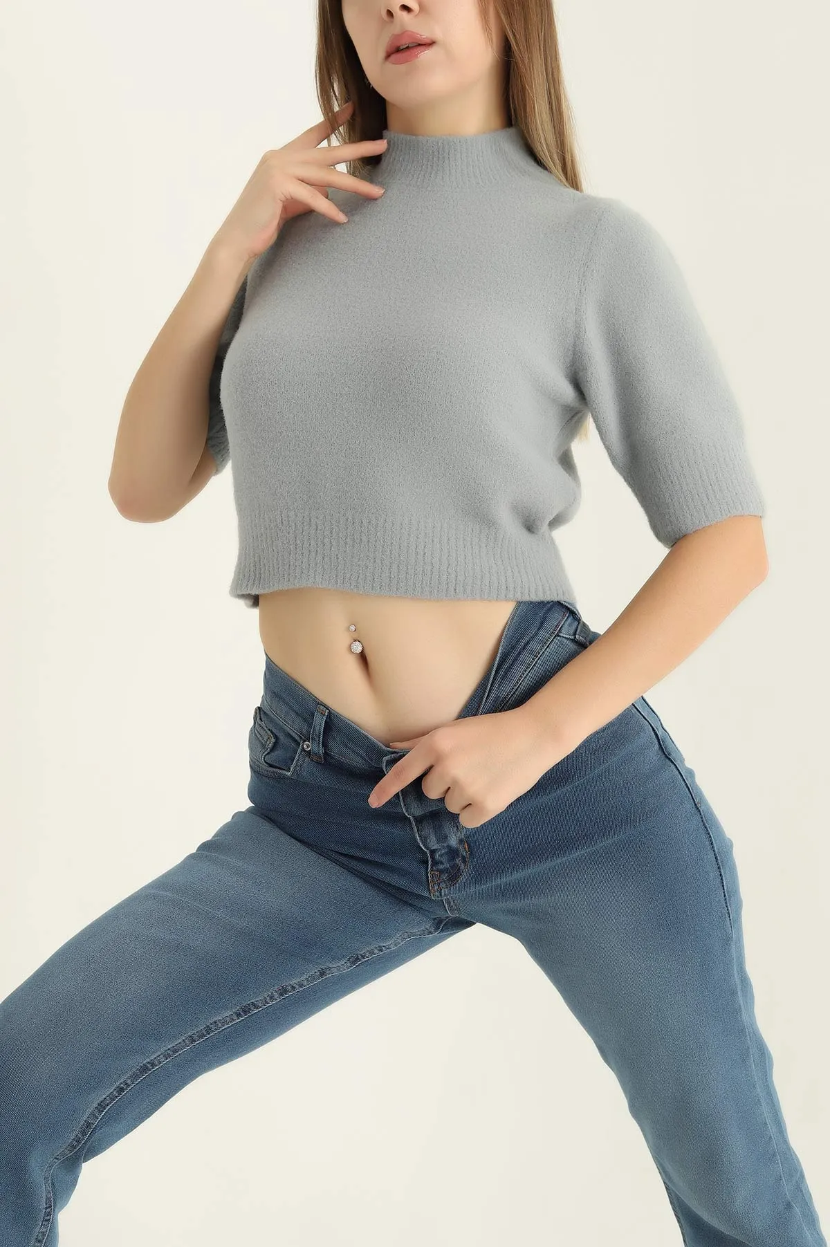 Füme Kısa Kol Keçe Sakal Triko Bluz 316642