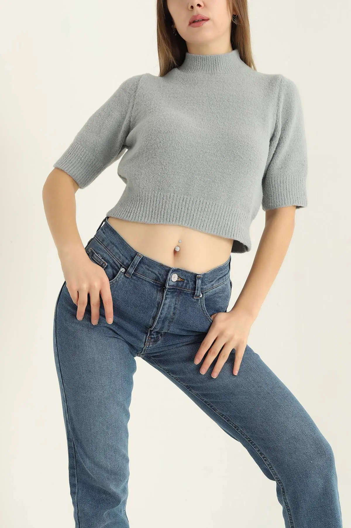 Füme Kısa Kol Keçe Sakal Triko Bluz 316642
