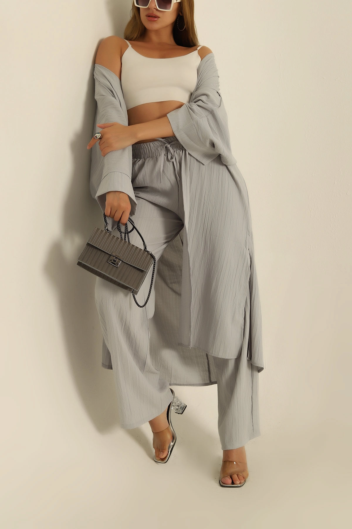 Füme Krinkıl Dokuma Kimono Pantolon İkili Takım 284157