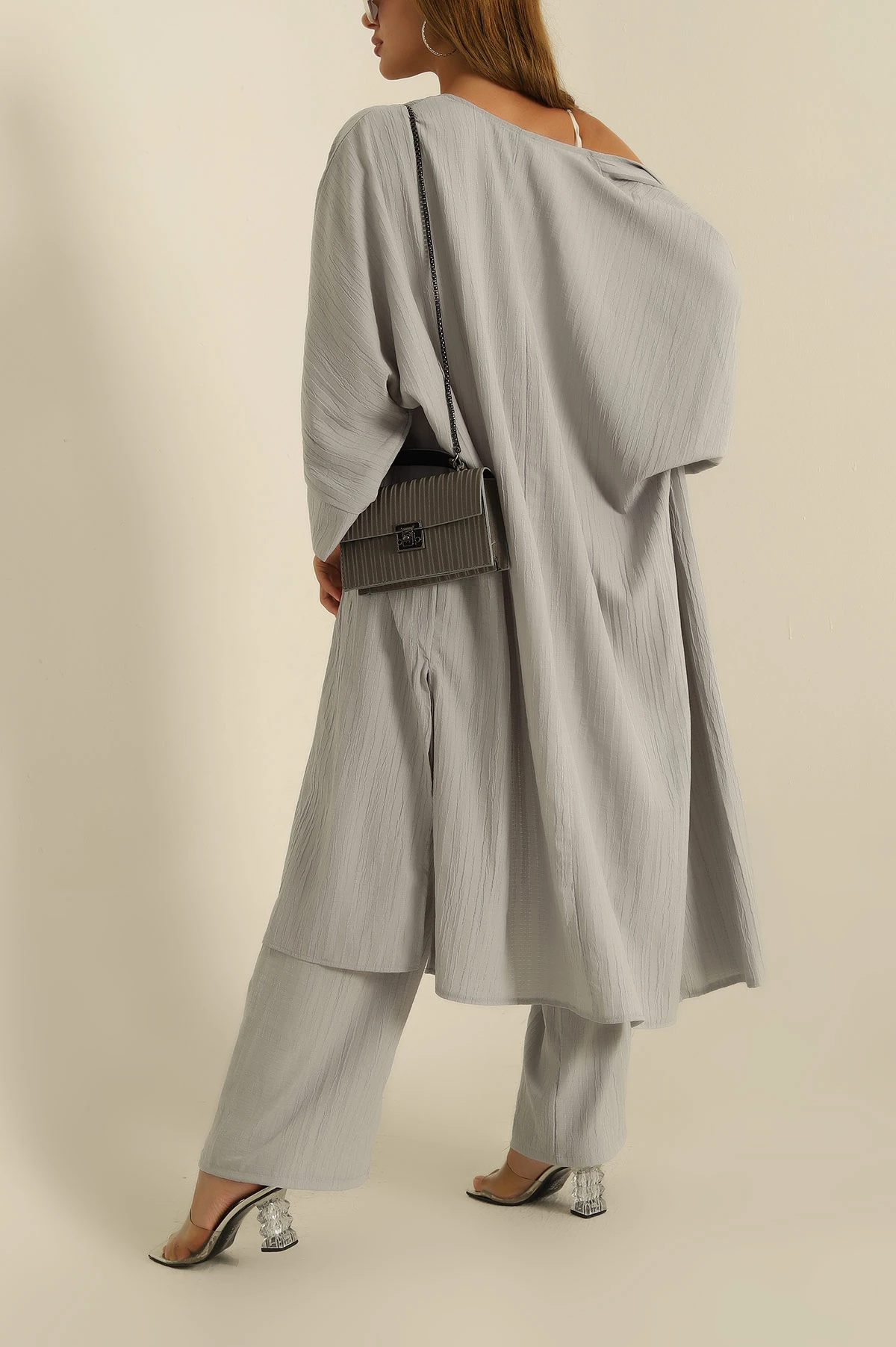 Füme Krinkıl Dokuma Kimono Pantolon İkili Takım 284157