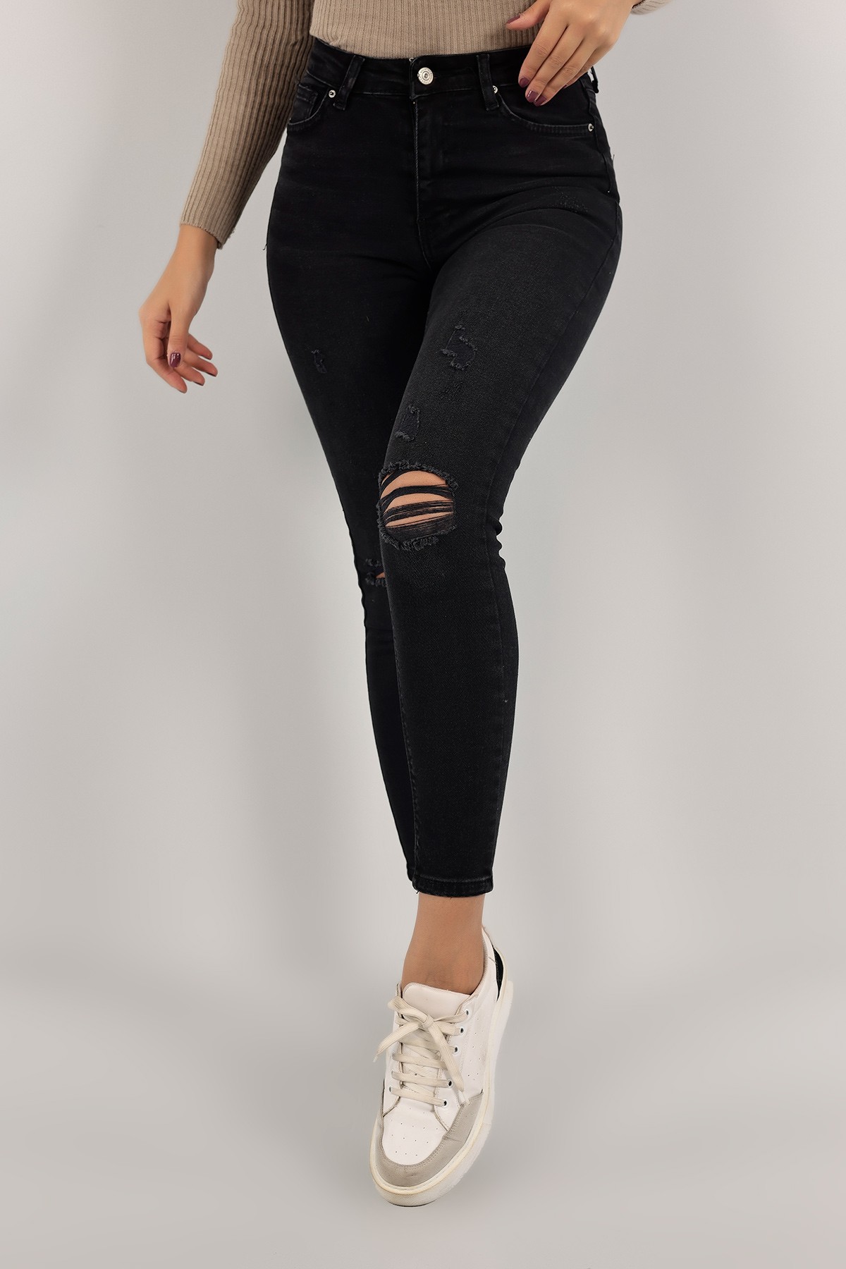 Füme Lazer Kesim Likralı Bayan Kot Pantolon 132886