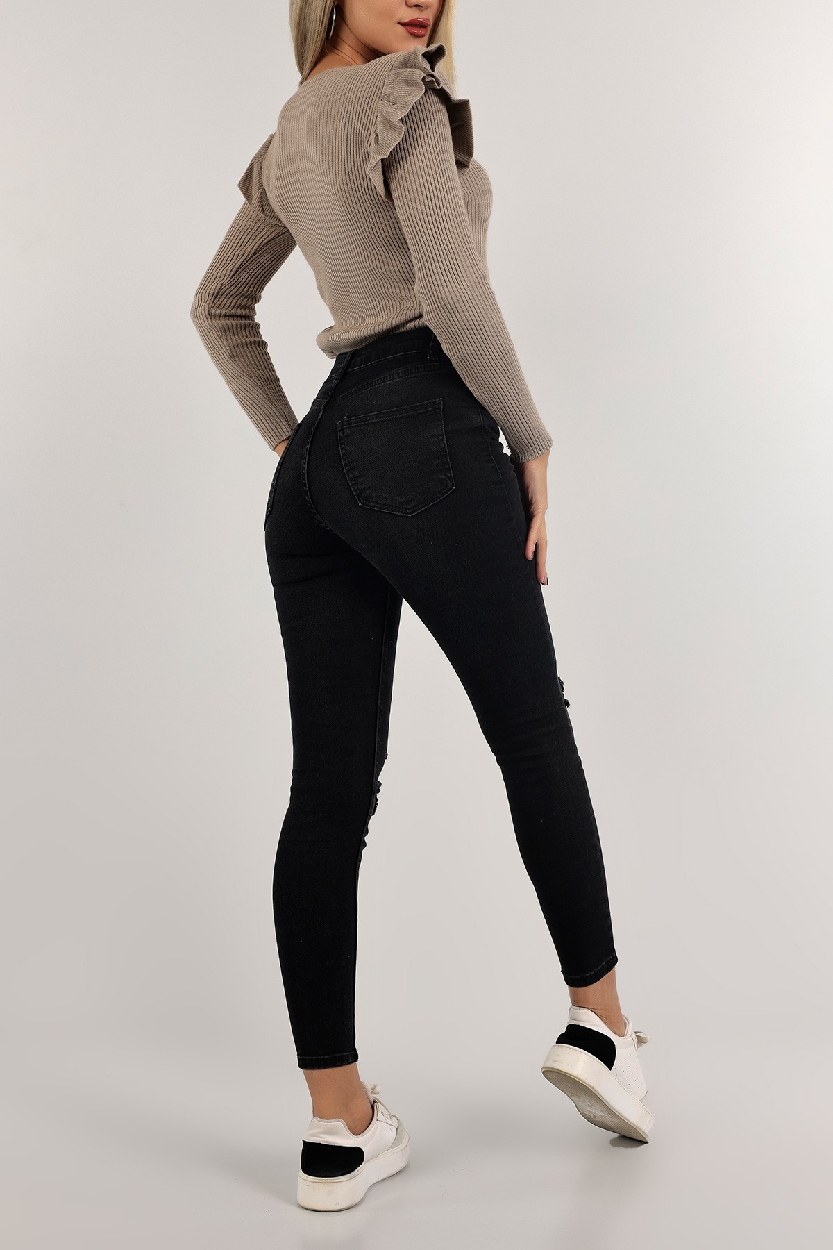 Füme Lazer Kesim Likralı Bayan Kot Pantolon 132886