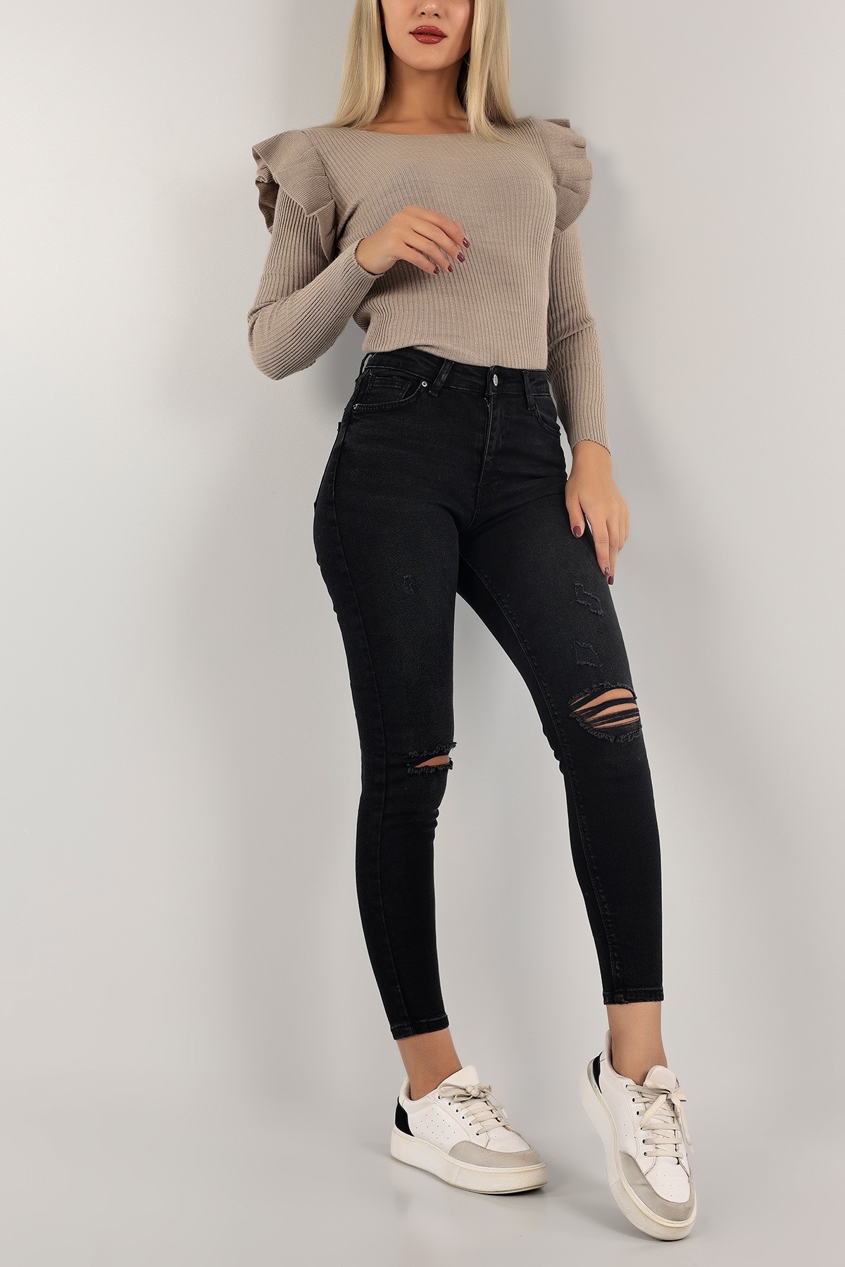 Füme Lazer Kesim Likralı Bayan Kot Pantolon 132886