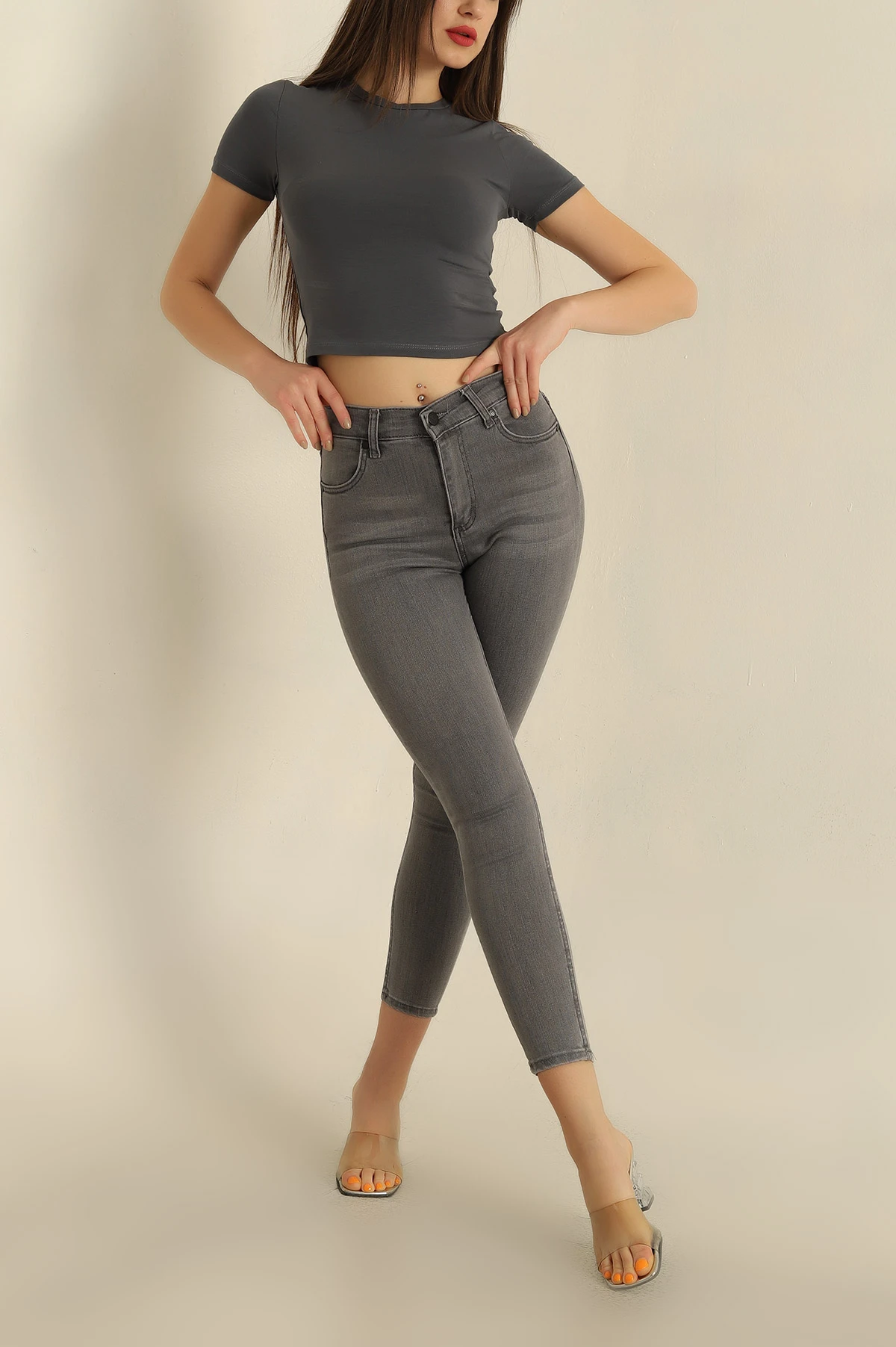 Füme Likralı Yüksek Bel Bayan Kot Pantolon 273723