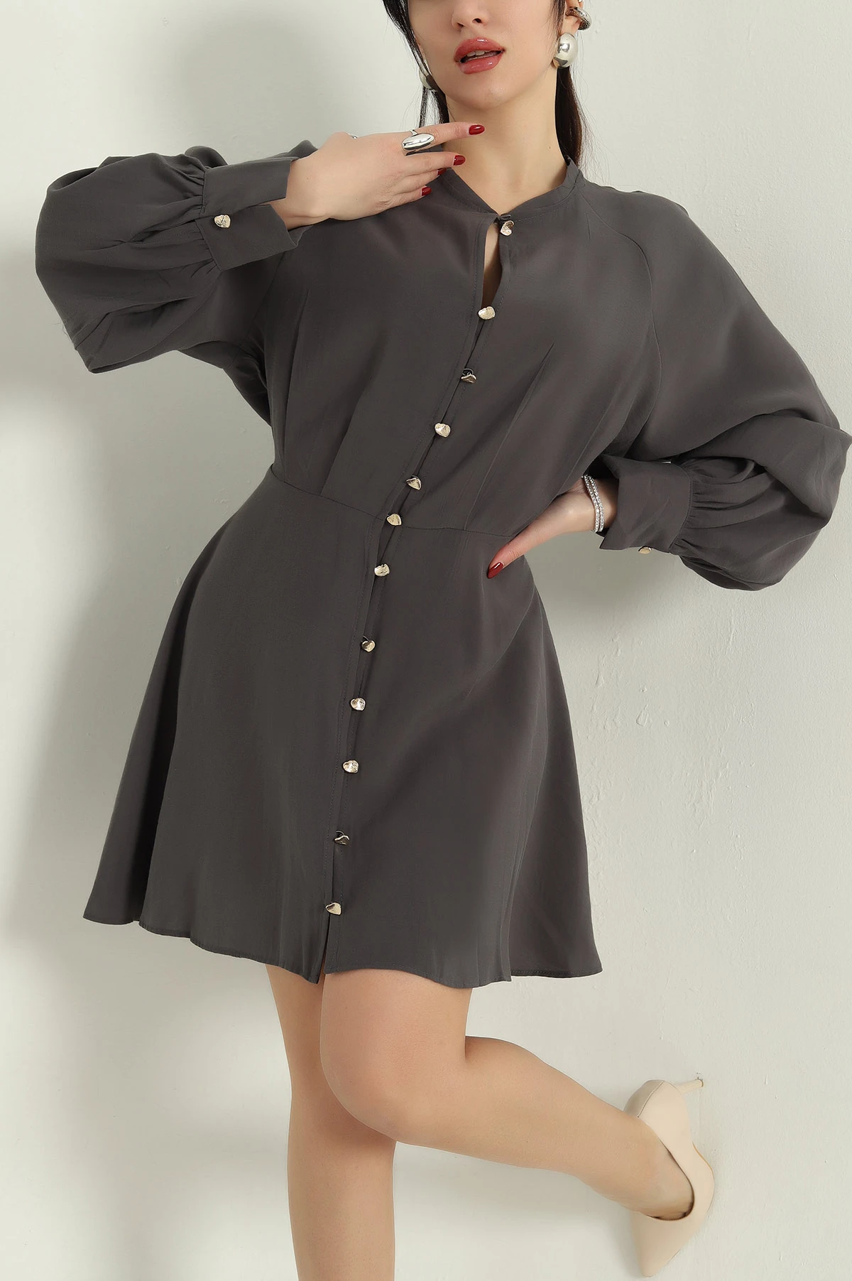 Füme Modal Boydan Düğmeli Elbise 336924