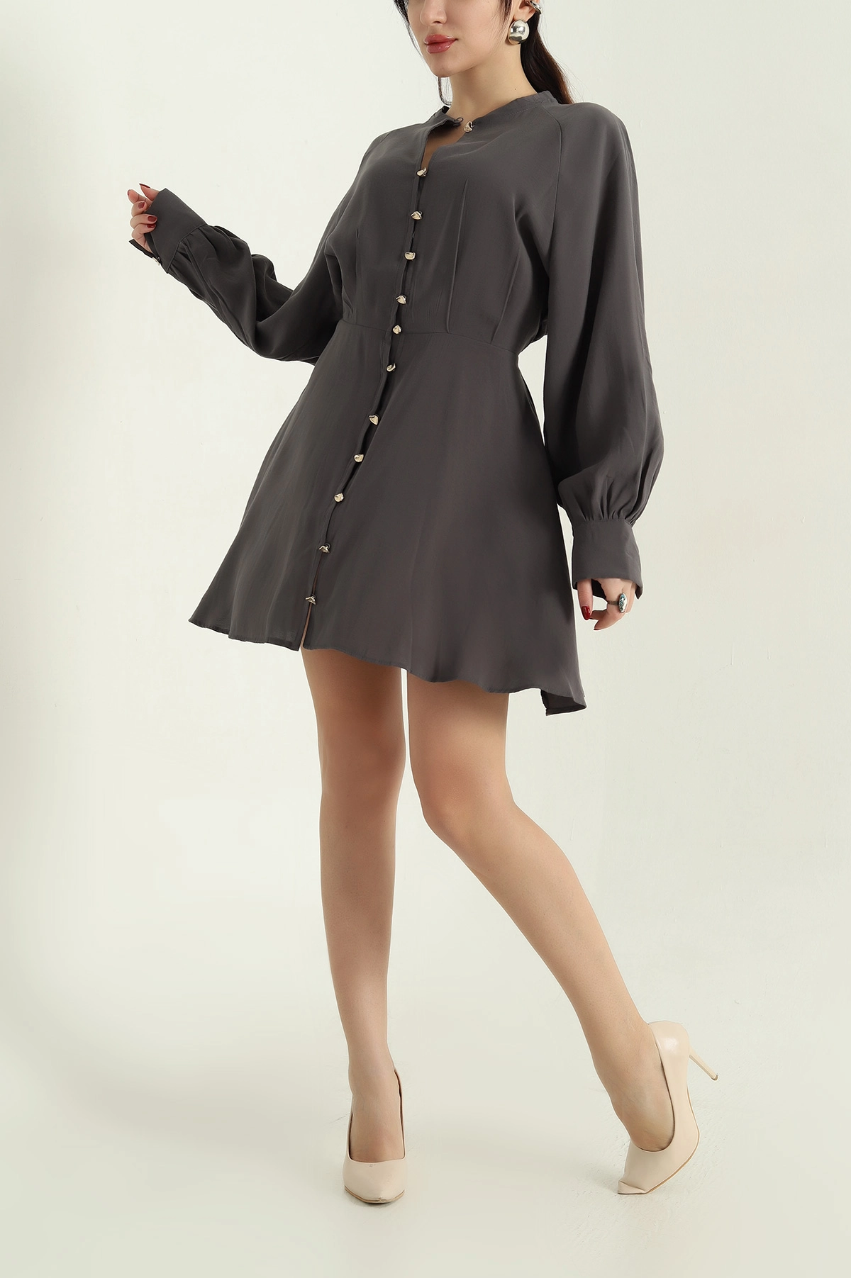 Füme Modal Boydan Düğmeli Elbise 336924