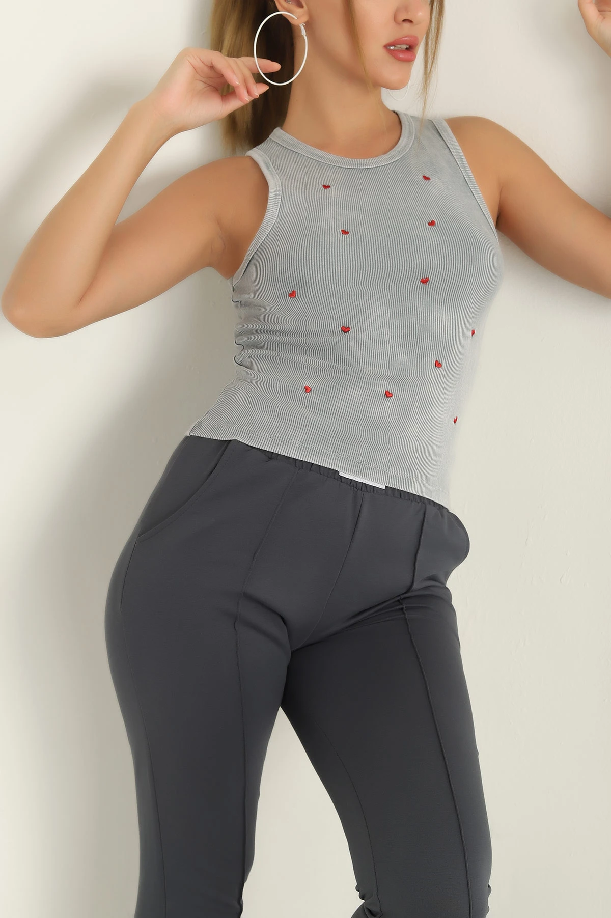 Füme Nakışlı Yıkamalı Fitilli Kadın Atlet 293008