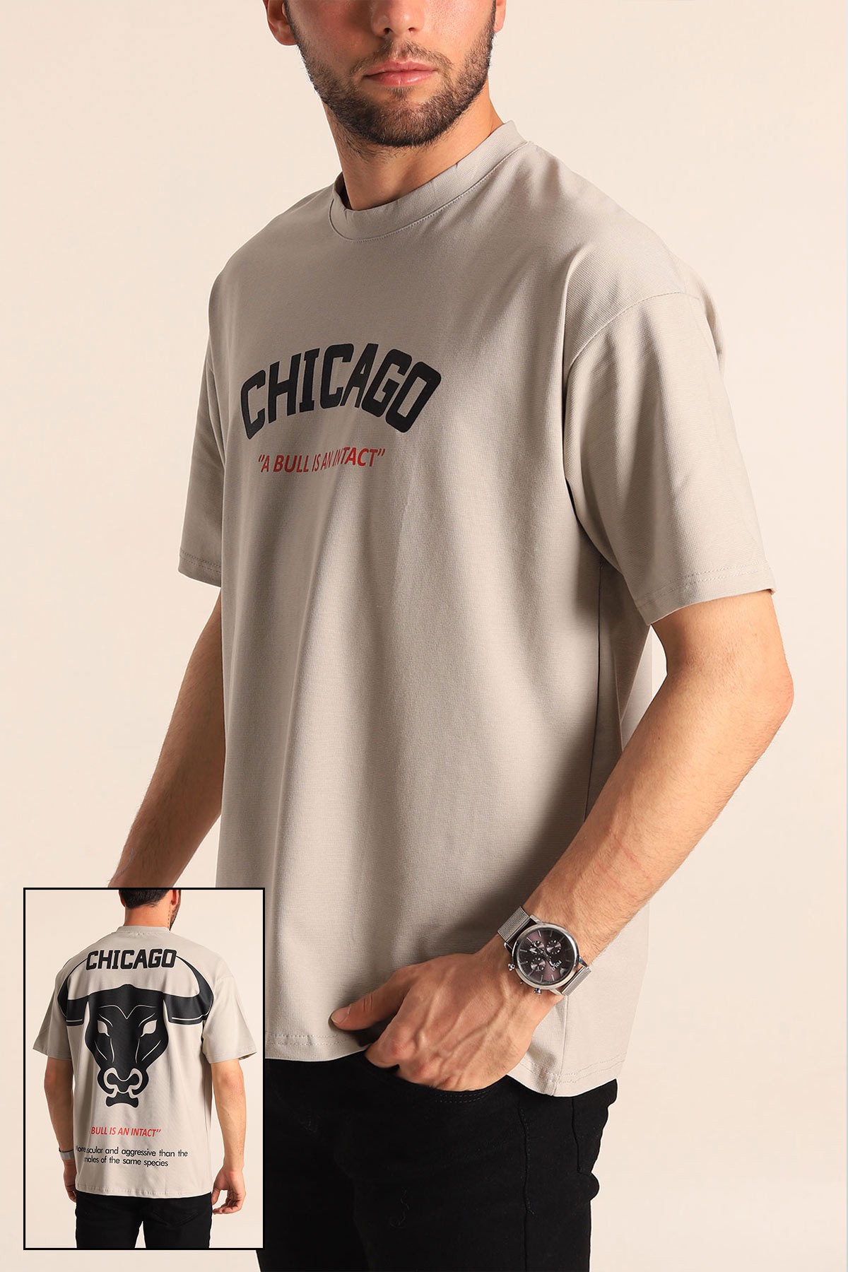 Füme Oversize Chicago Baskılı Erkek Tişört 181409