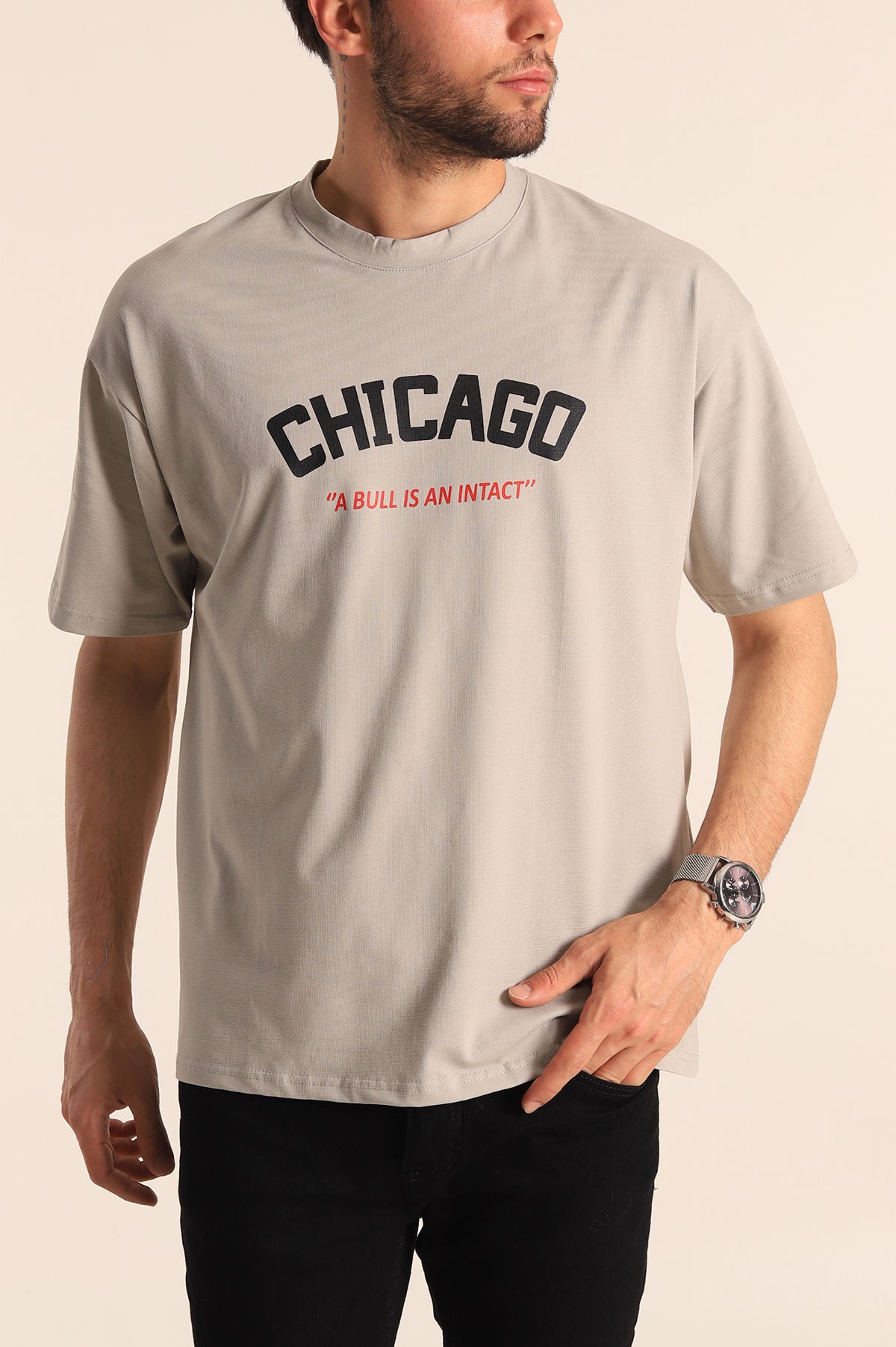 Füme Oversize Chicago Baskılı Erkek Tişört 181409