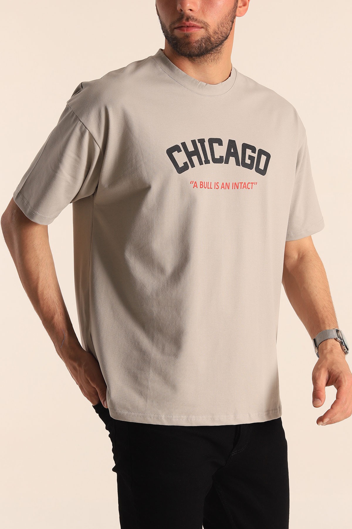 Füme Oversize Chicago Baskılı Erkek Tişört 181409