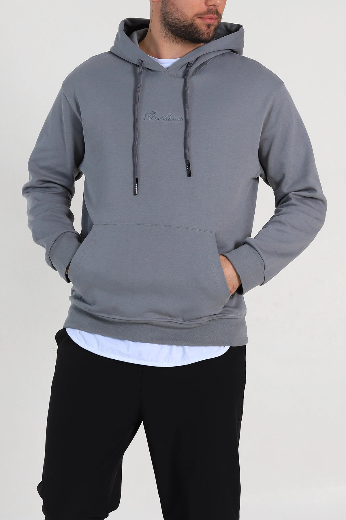 Füme Oversize Duble Kumaş Basic Erkek Kapüşonlu Sweatshirt 300188
