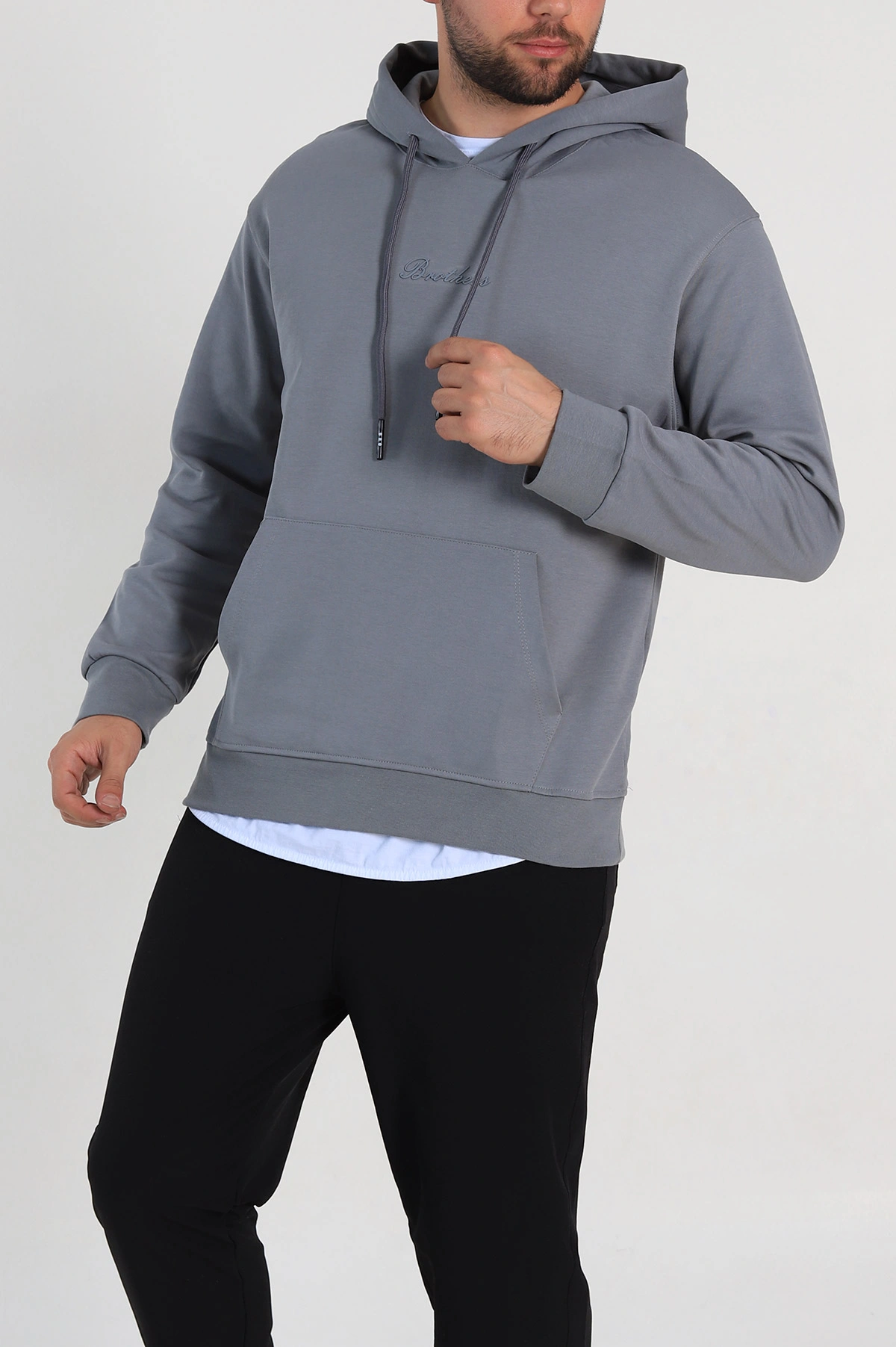 Füme Oversize Duble Kumaş Basic Erkek Kapüşonlu Sweatshirt 300188