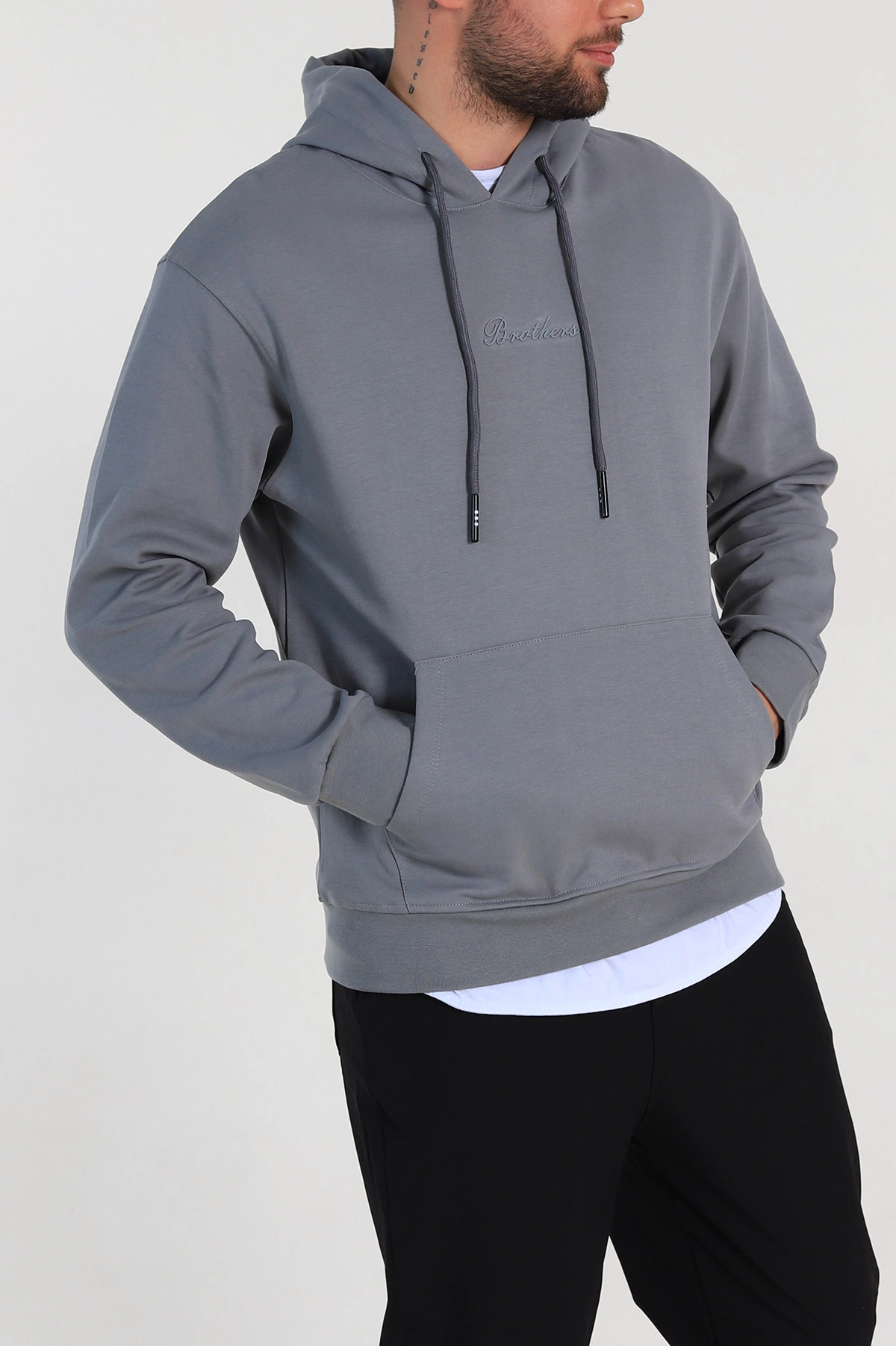 Füme Oversize Duble Kumaş Basic Erkek Kapüşonlu Sweatshirt 300188