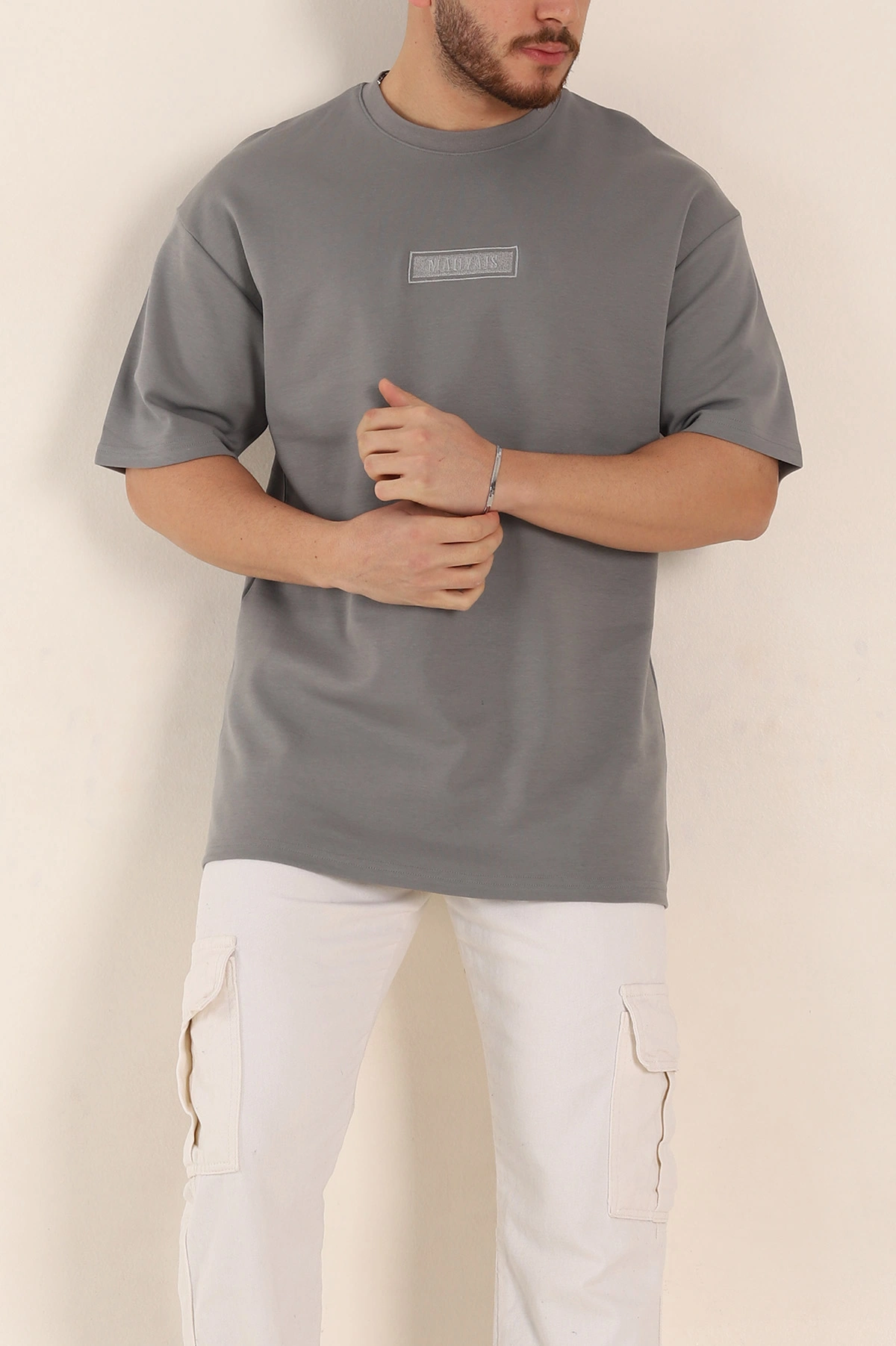 Füme Oversize Duble Kumaş Nakış Detaylı Erkek Tişört 345726