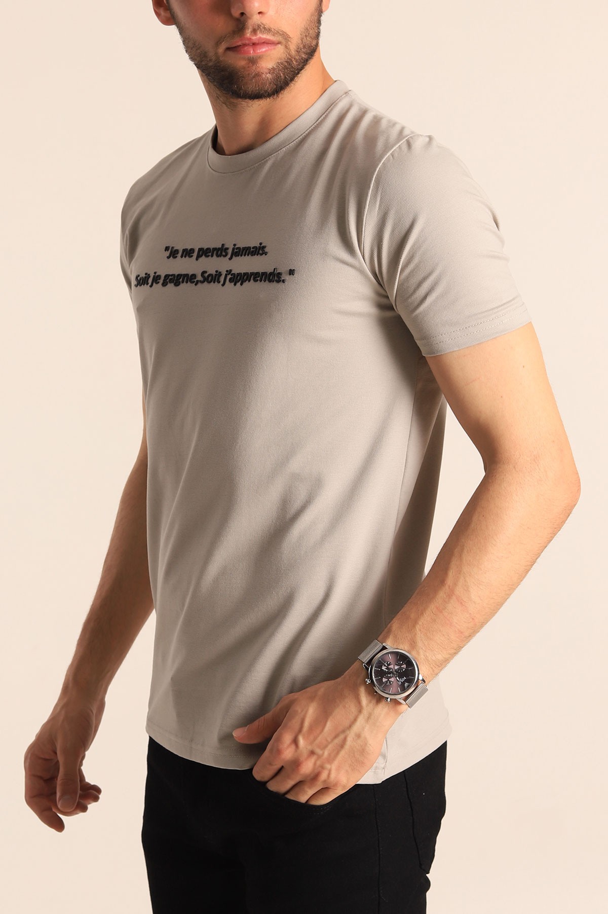 Füme Oversize Göğüs Kabartma Yazılı Erkek Tişört 181427