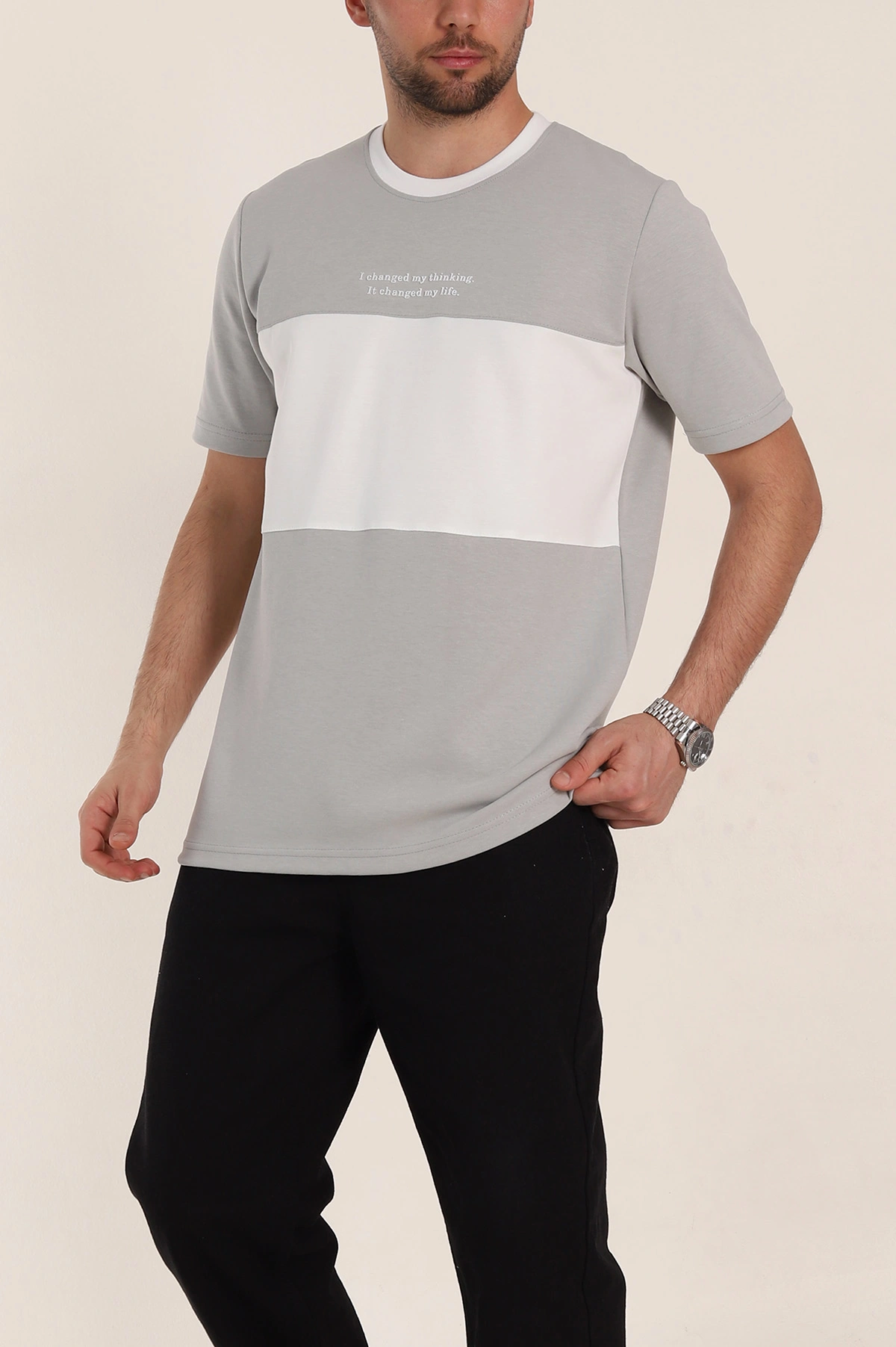 Füme Oversize İnterlok Kumaş Kabartma Yazı Detaylı Erkek Tişört 353351