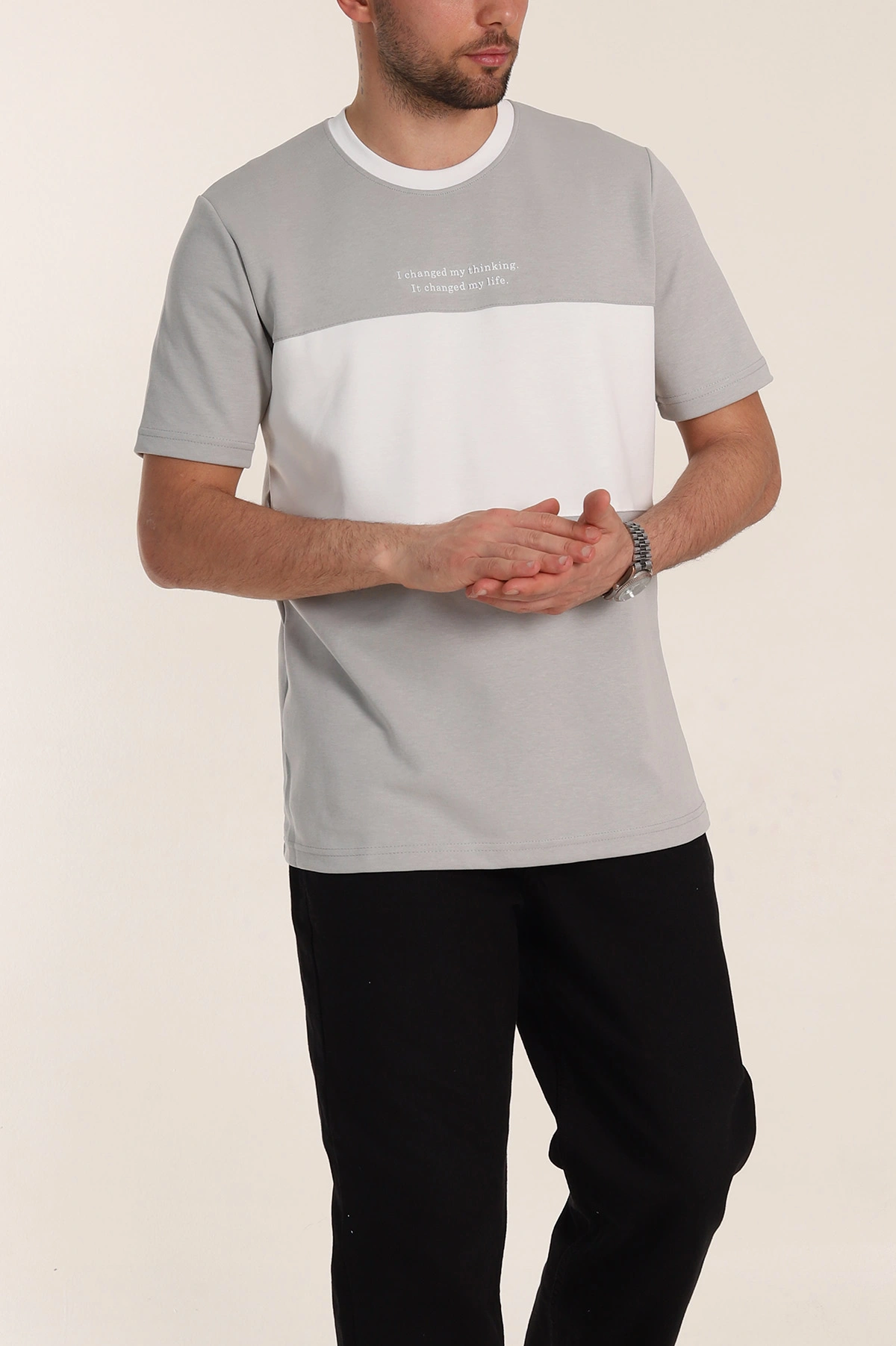 Füme Oversize İnterlok Kumaş Kabartma Yazı Detaylı Erkek Tişört 353351