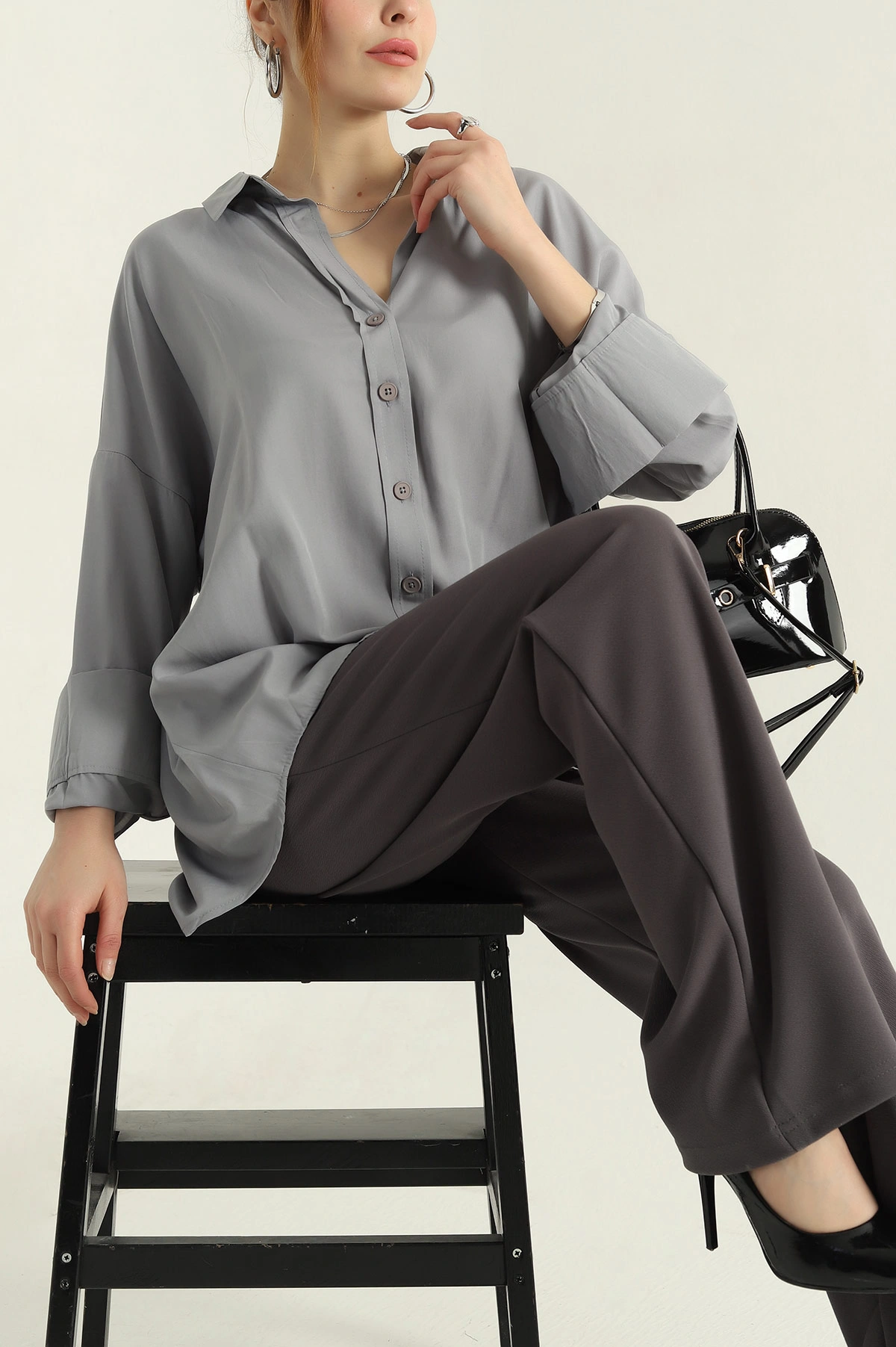 Füme Oversize Kadın Poplin Gömlek 360086