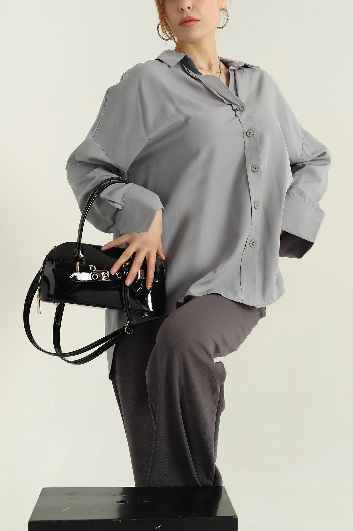 Füme Oversize Kadın Poplin Gömlek 360086