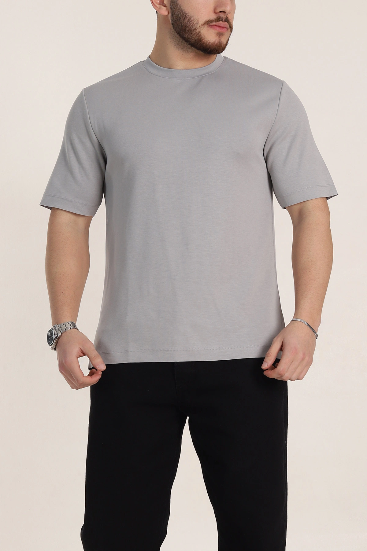 Füme Oversize Oysho Kumaş Yırtmaç Detaylı Basic Erkek Tişört 348126