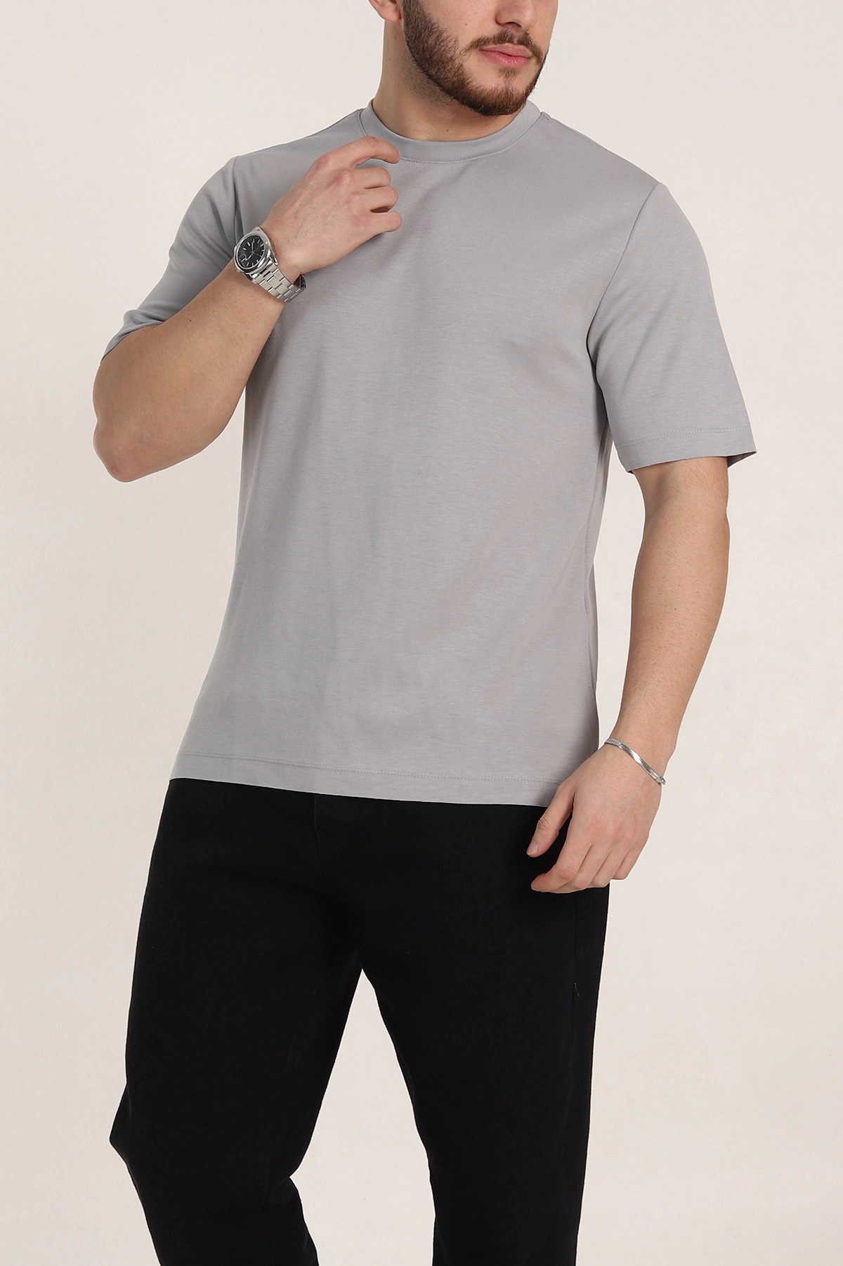 Füme Oversize Oysho Kumaş Yırtmaç Detaylı Basic Erkek Tişört 348126
